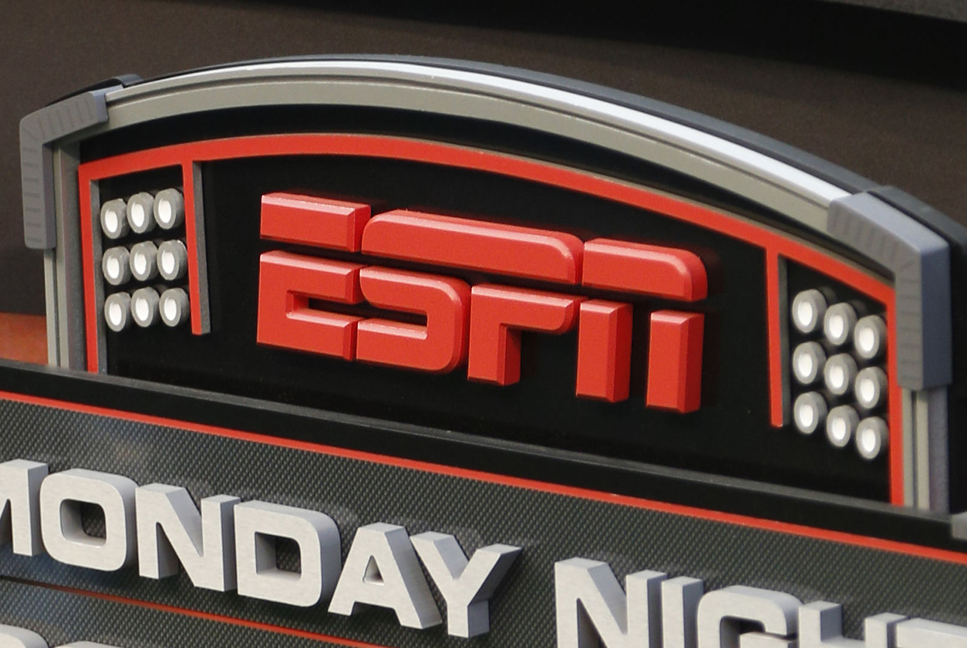 FILE - This Sept. 16, 2013, file photo shows the ESPN logo prior to an NFL football game between the Cincinnati Bengals and the Pittsburgh Steelers, in Cincinnati. ESPN, Fox and Warner Bros. Discovery announced plans on Tuesday, Feb. 6, 2024 to launch a sports streaming platform in the fall that will include offerings from at least 15 networks and all four major professional sports leagues. 