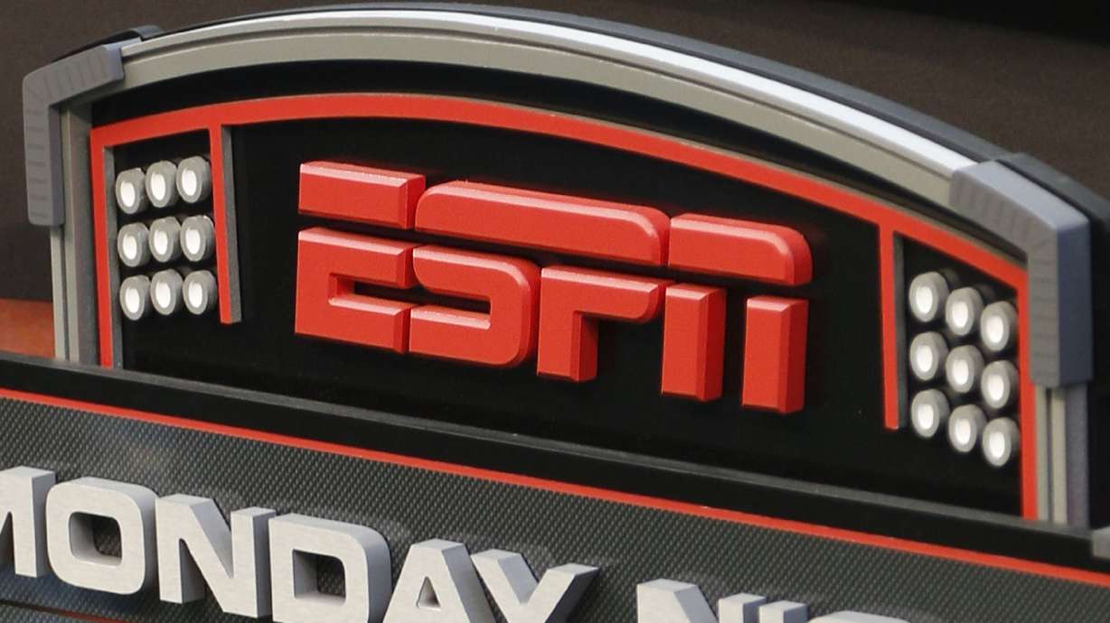 FILE - This Sept. 16, 2013, file photo shows the ESPN logo prior to an NFL football game between the Cincinnati Bengals and the Pittsburgh Steelers, in Cincinnati. ESPN, Fox and Warner Bros. Discovery announced plans on Tuesday, Feb. 6, 2024 to launch a sports streaming platform in the fall that will include offerings from at least 15 networks and all four major professional sports leagues.