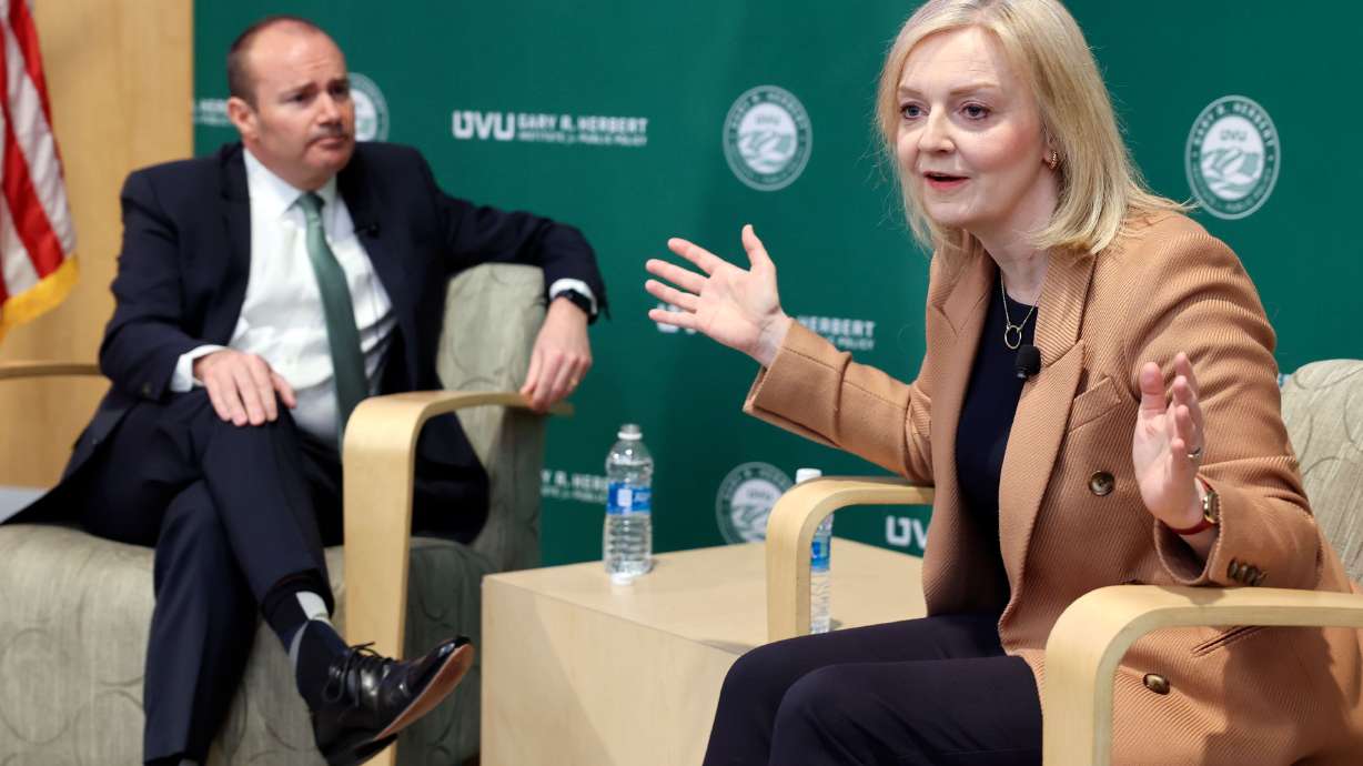 Sen. Mike Lee, R-Utah, and former British Prime Minister Liz Truss talk about “the Importance of the U.S.-U.K. Bilateral Relationship” at a Gary R. Herbert Institute for Public Policy Forum at Utah Valley University in Orem Tuesday.