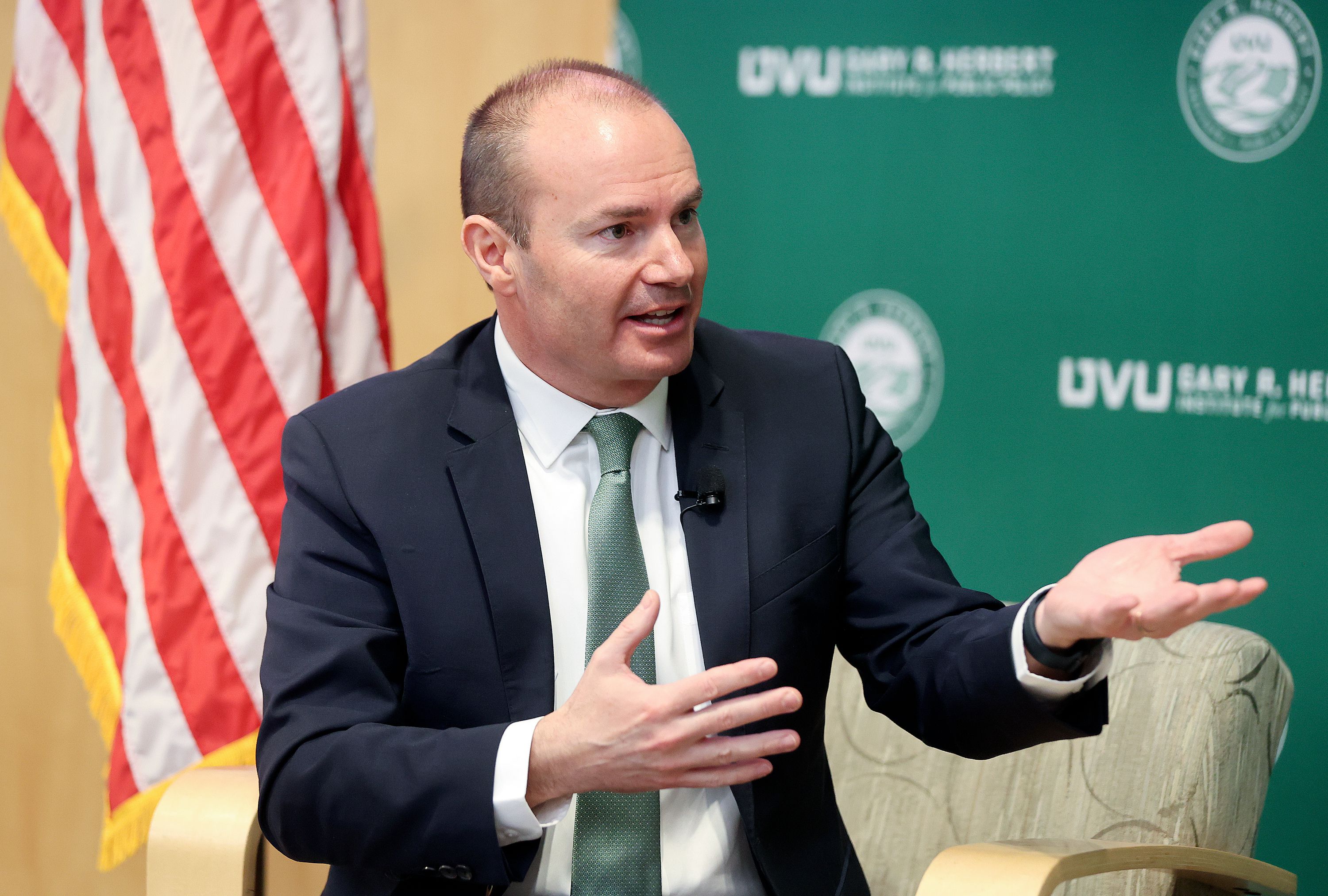 Sen. Mike Lee, R-Utah, talks about “The Importance of the U.S.-U.K. Bilateral Relationship” during a Gary R. Herbert Institute for Public Policy Forum with former British Prime Minister Liz Truss at Utah Valley University in Orem on Tuesday.