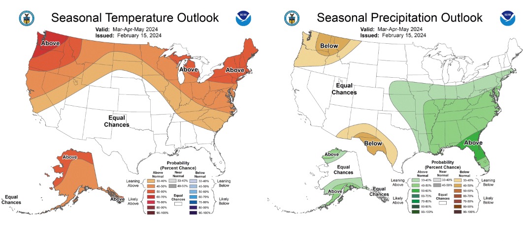 These maps show the temperature and precipitation outlook for the meteorological spring months of March, April and May.