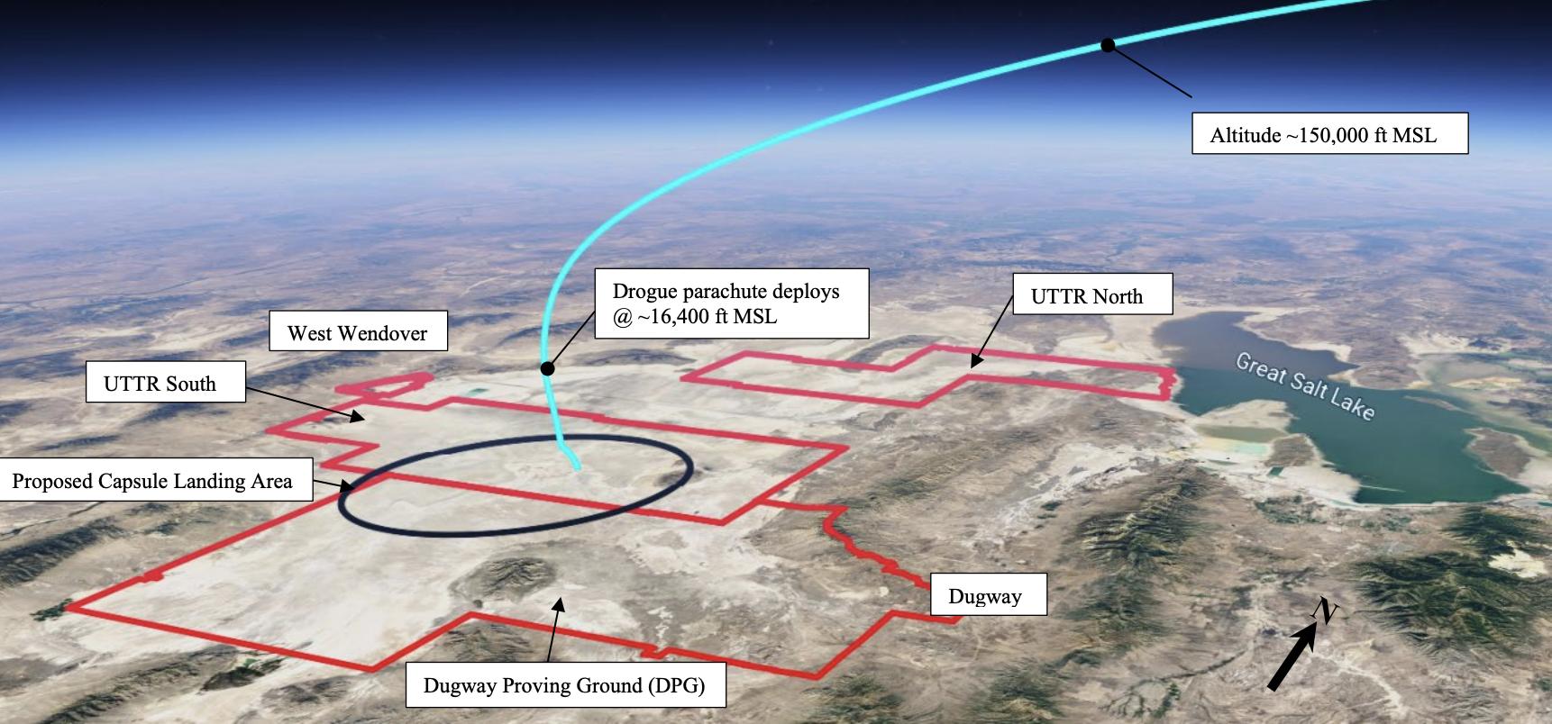 Projected landing area for Varda's W-Series 1 capsule, scheduled to land at the Utah Test and Training Range on Wednesday.
