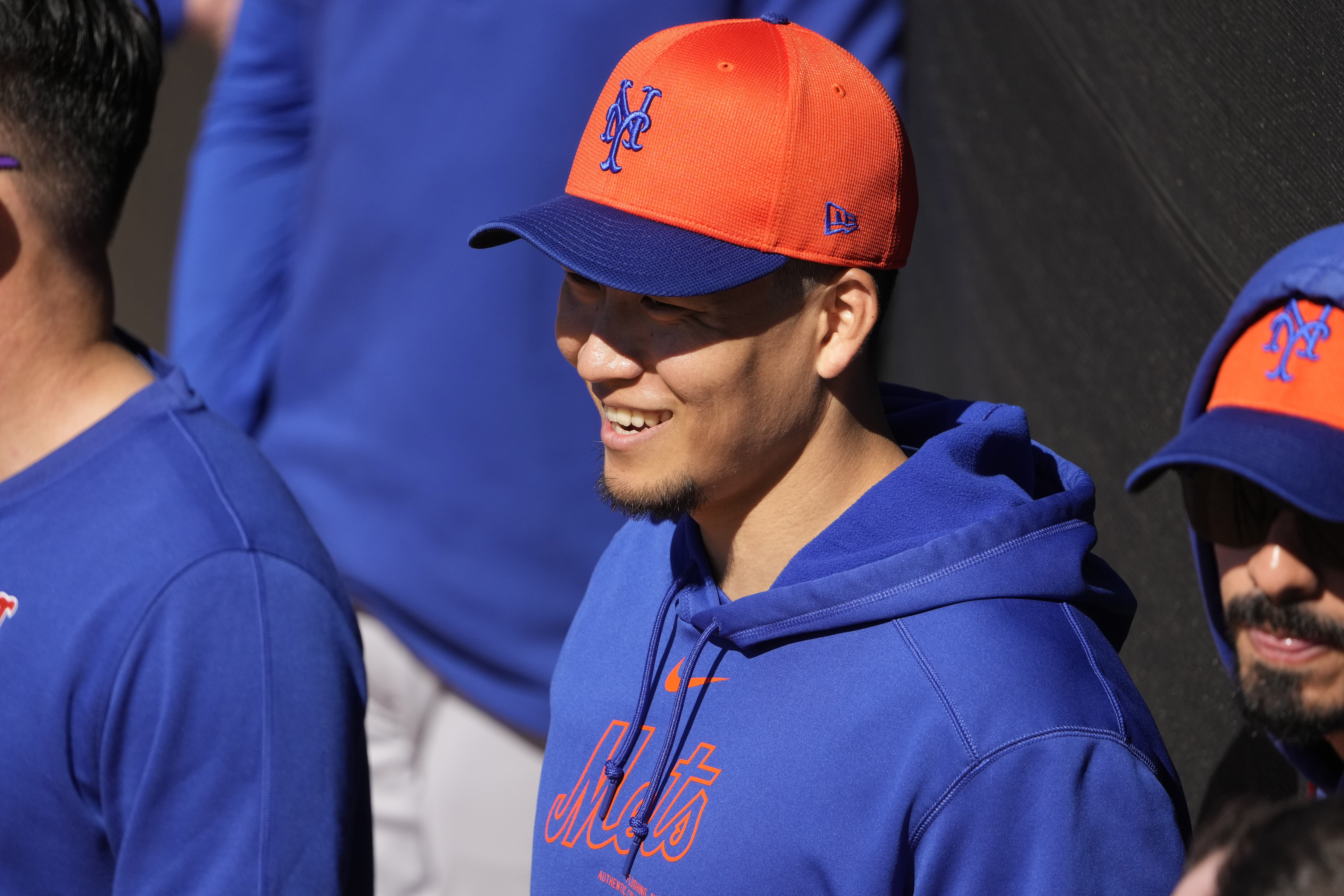 New York Mets pitcher Kodai Senga smiles during a spring training baseball workout Tuesday, Feb. 20, 2024, in Port St. Lucie, Fla. 