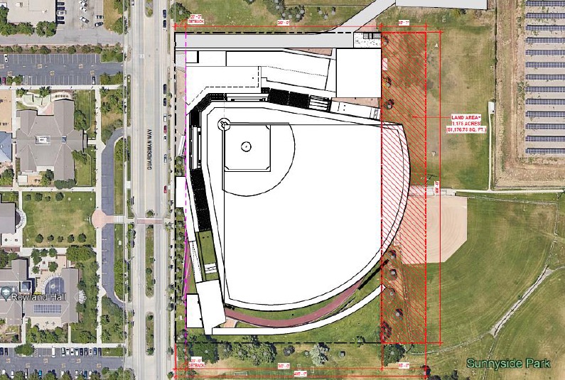 This map shows the dimensions of a proposed University of Utah baseball stadium near Sunnyside Park in Salt Lake City. The area shaded in red is where a section of the park would be leased to the university.