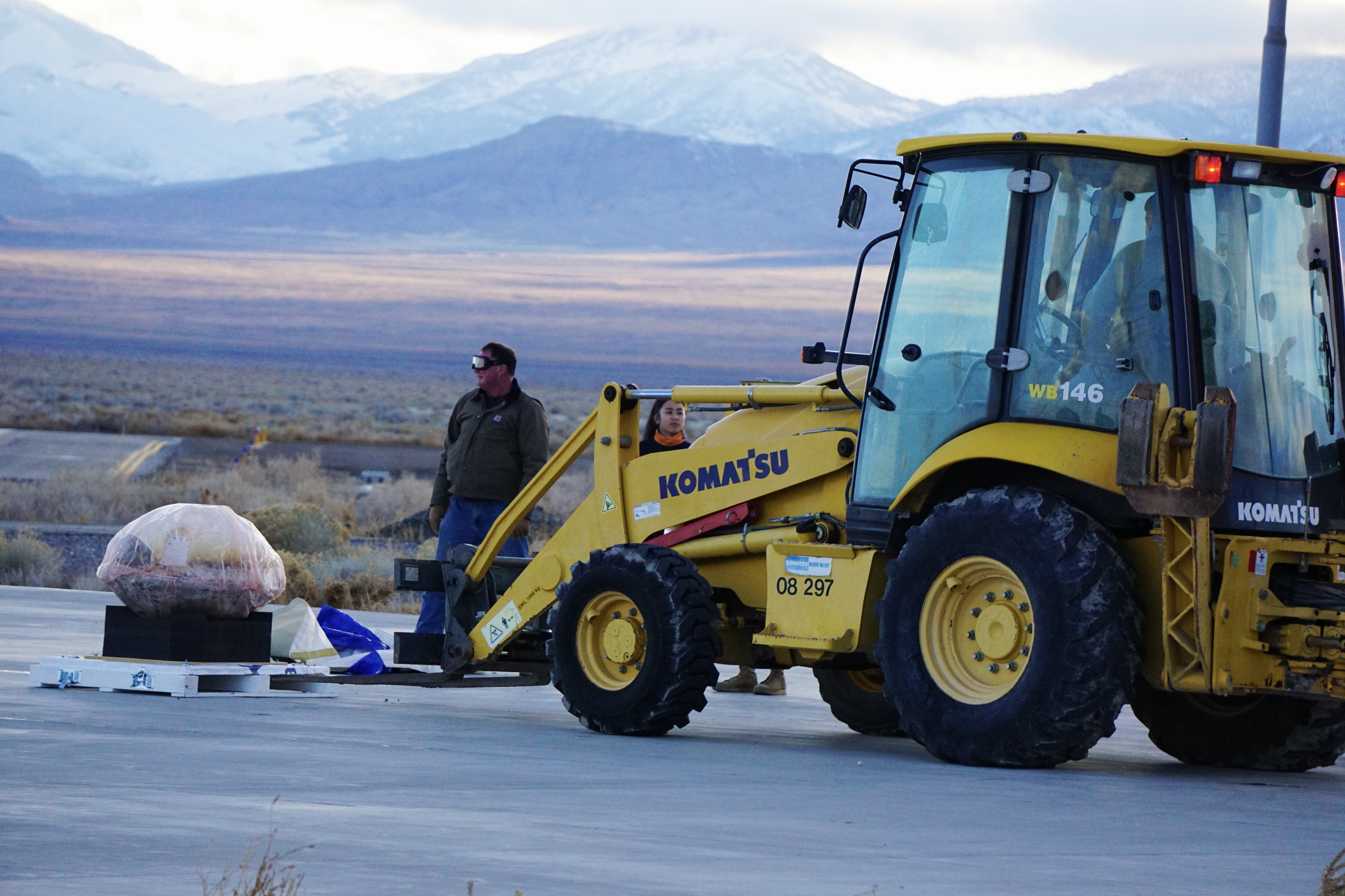 The Varda W-Series 1 capsule is loaded for transport preparation at the Wendover Historic Airfield on Wednesday.