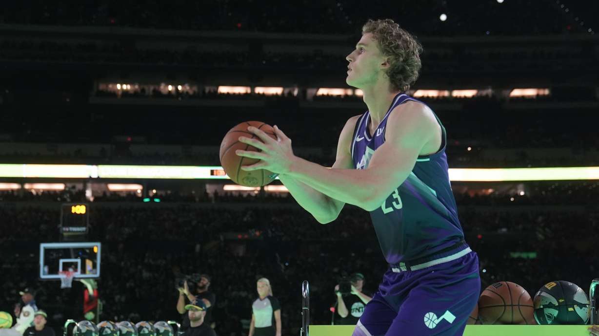 Utah Jazz's Lauri Markkanen shoots during the 3-point contest at the NBA basketball All-Star weekend, Saturday, Feb. 17, 2024, in Indianapolis.