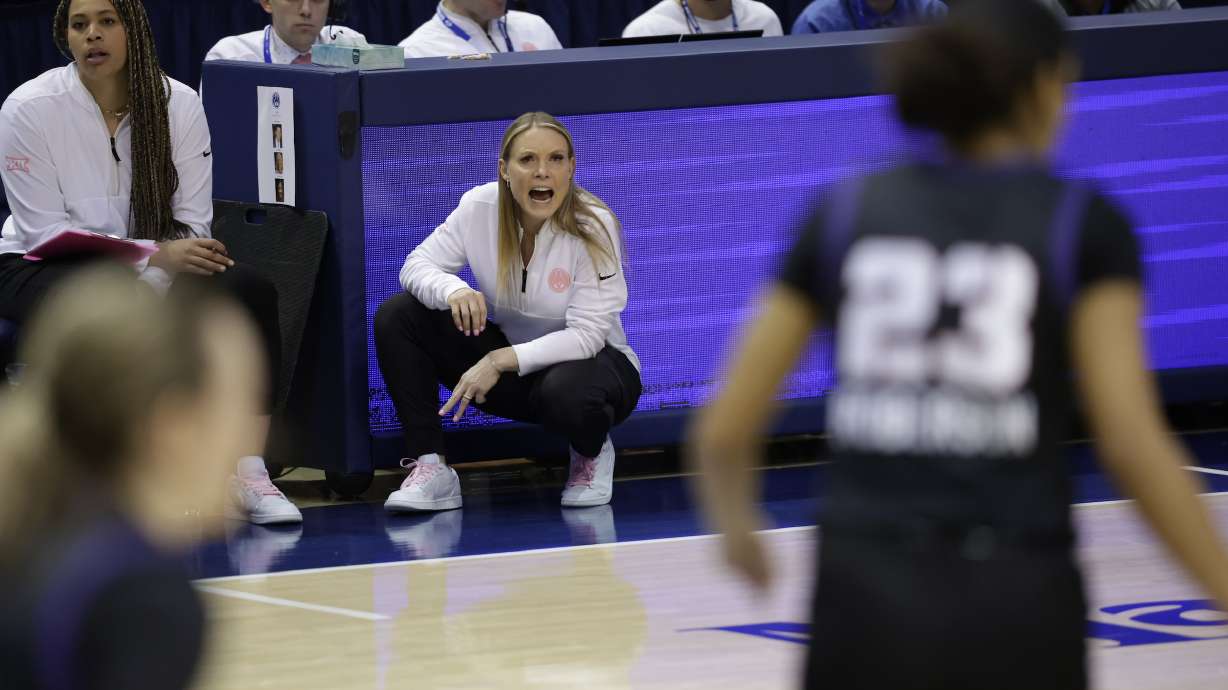 BYU women's basketball coach Amber Whiting coaches her team during a Big 12 women's basketball game against TCU, Wednesday, Feb. 21, 2024 at the Marriott Center in Provo, Utah.