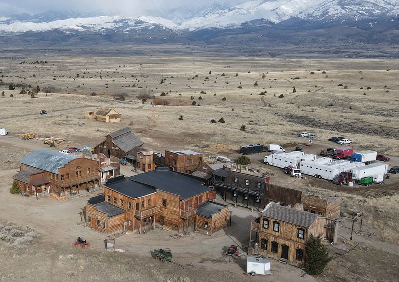 Buildings used on the set of the movie "Rust" are seen after filming resumed following the 2021 shooting death in New Mexico of cinematographer Halyna Hutchins, in Livingston, Mont., April 22, 2023.