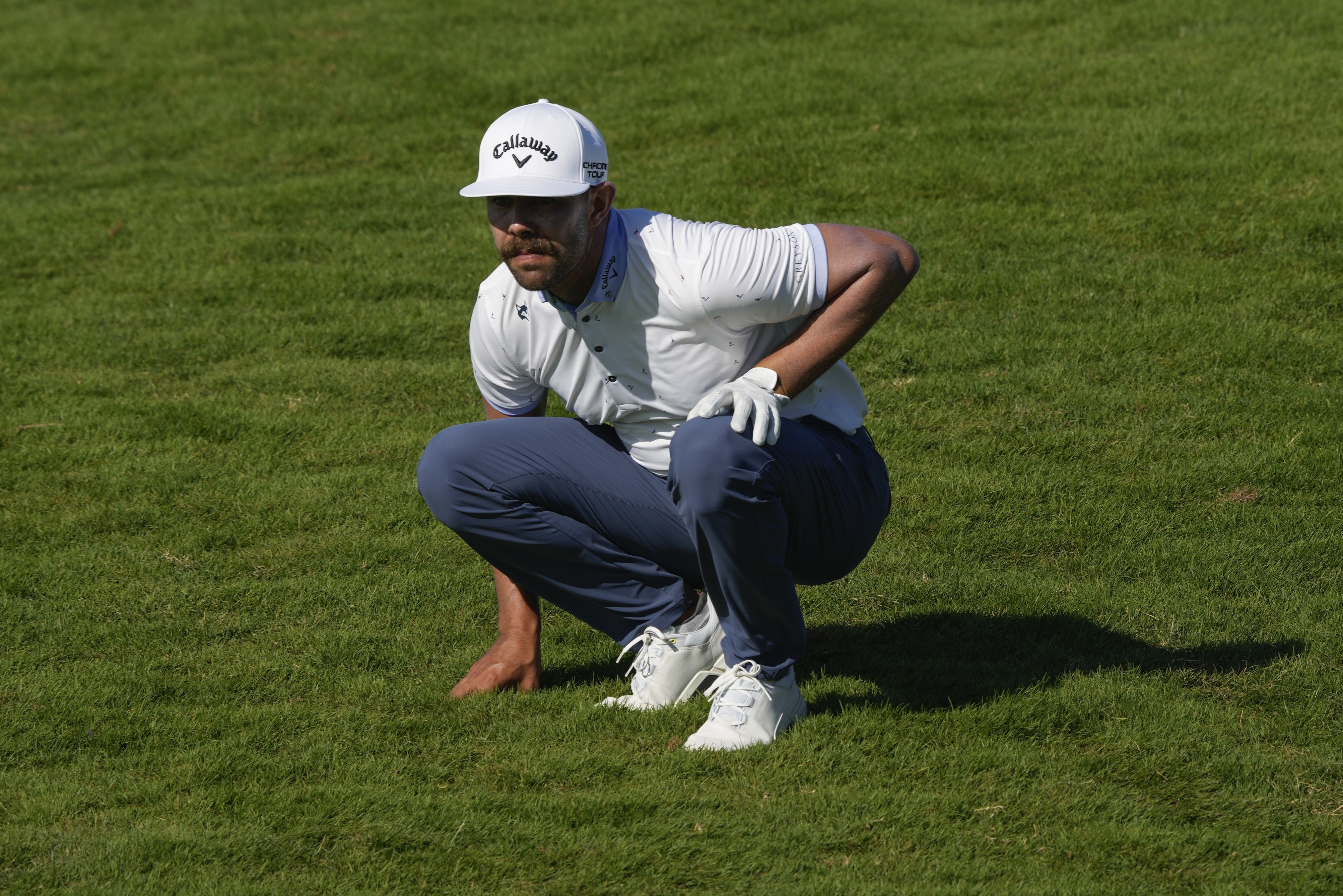 Erik van Rooyen, of South Africa, studies his third shot on the 15th hole during the first round of the Mexico Open golf tournament in Puerto Vallarta, Mexico, Thursday, Feb. 22, 2024.