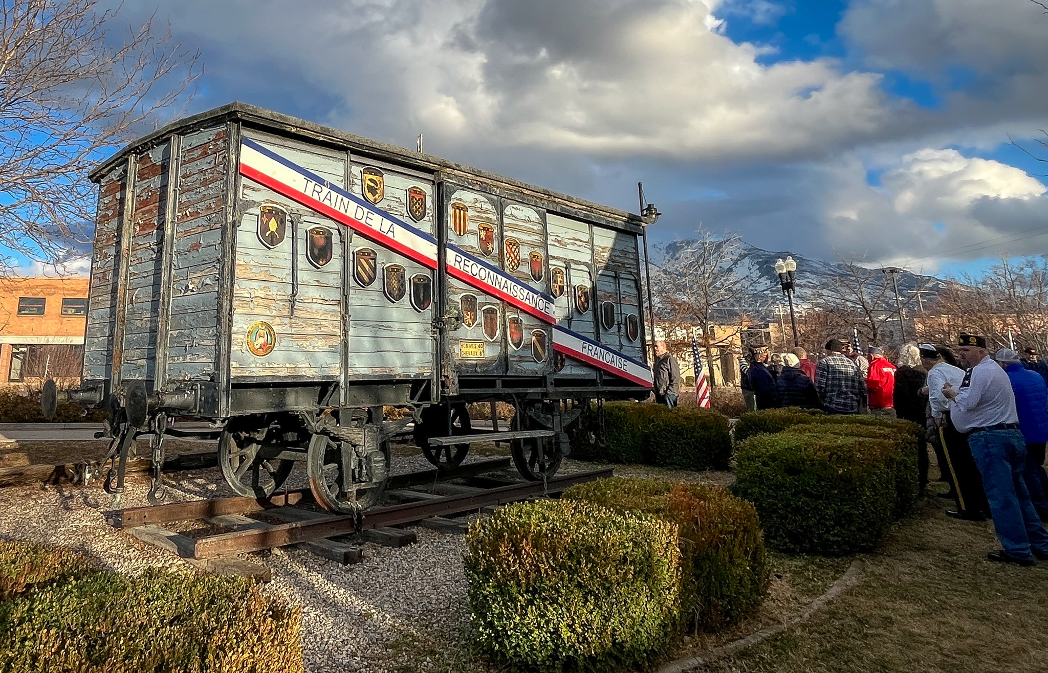 People view the "Merci" train boxcar outside Ogden Union Station in Ogden on Thursday. The boxcar arrived in Utah from France 75 years ago this month.