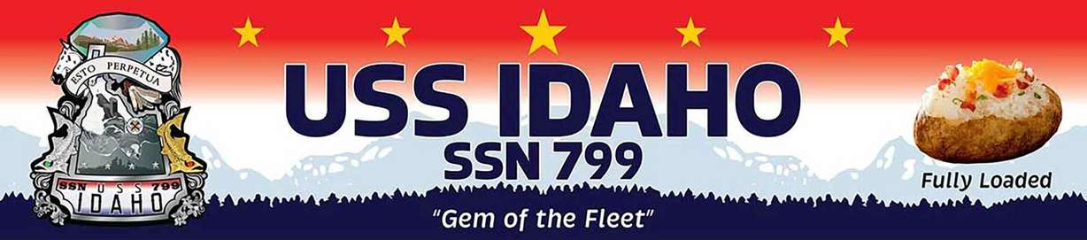 USS Idaho’s Idaho-themed banner. Its crest is on the left.
