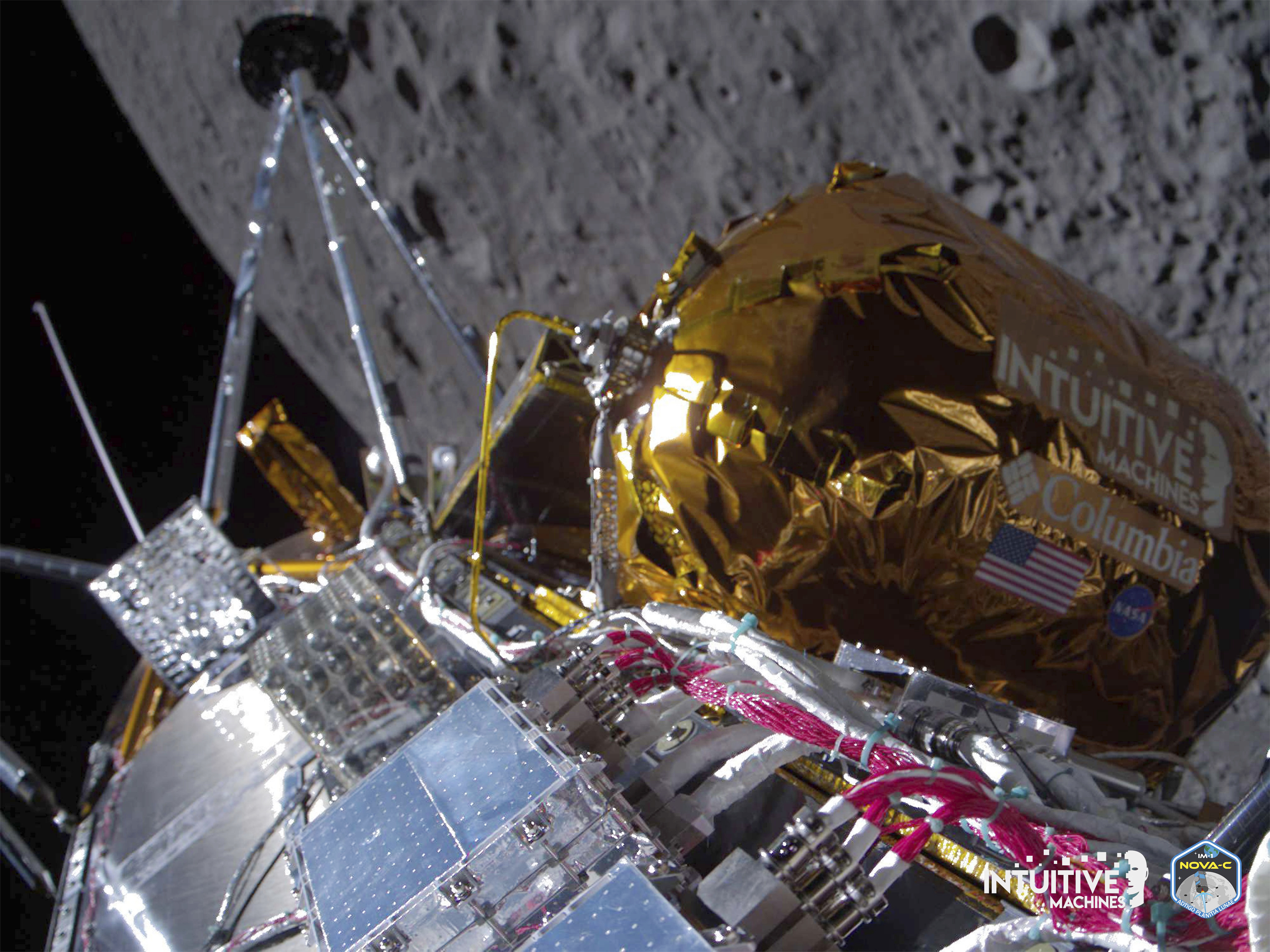 This image shows the Odysseus lunar lander over the near side of the moon following lunar orbit insertion, Wednesday.