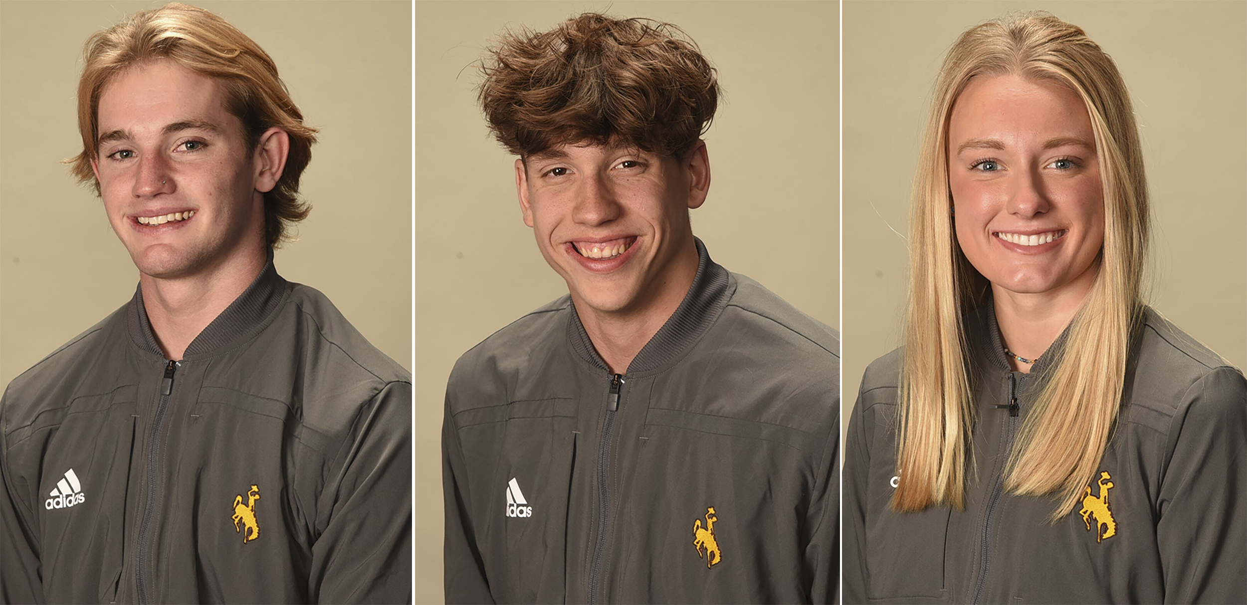 This photo combo provided by University of Wyoming shows members of the University of Wyoming swimming and diving team, from left, Luke Slabber, Charlie Clark and Carson Muir. Slabber, Clark and Muir were killed in a highway crash in northern Colorado on Thursday, Feb. 22, 2024. The crash injured two other team members who were expected to survive, according to a University of Wyoming statement. 