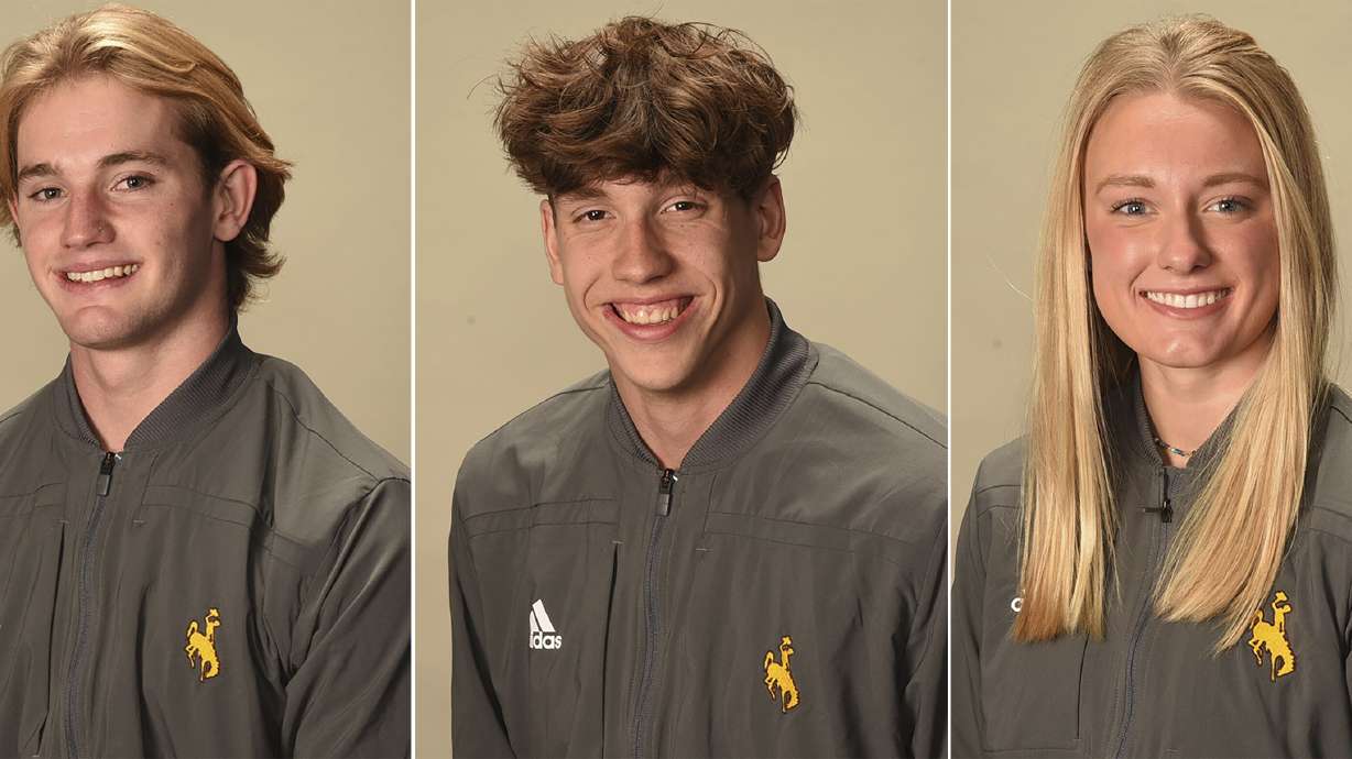 This photo combo provided by University of Wyoming shows members of the University of Wyoming swimming and diving team, from left, Luke Slabber, Charlie Clark and Carson Muir. Slabber, Clark and Muir were killed in a highway crash in northern Colorado on Thursday, Feb. 22, 2024. The crash injured two other team members who were expected to survive, according to a University of Wyoming statement.