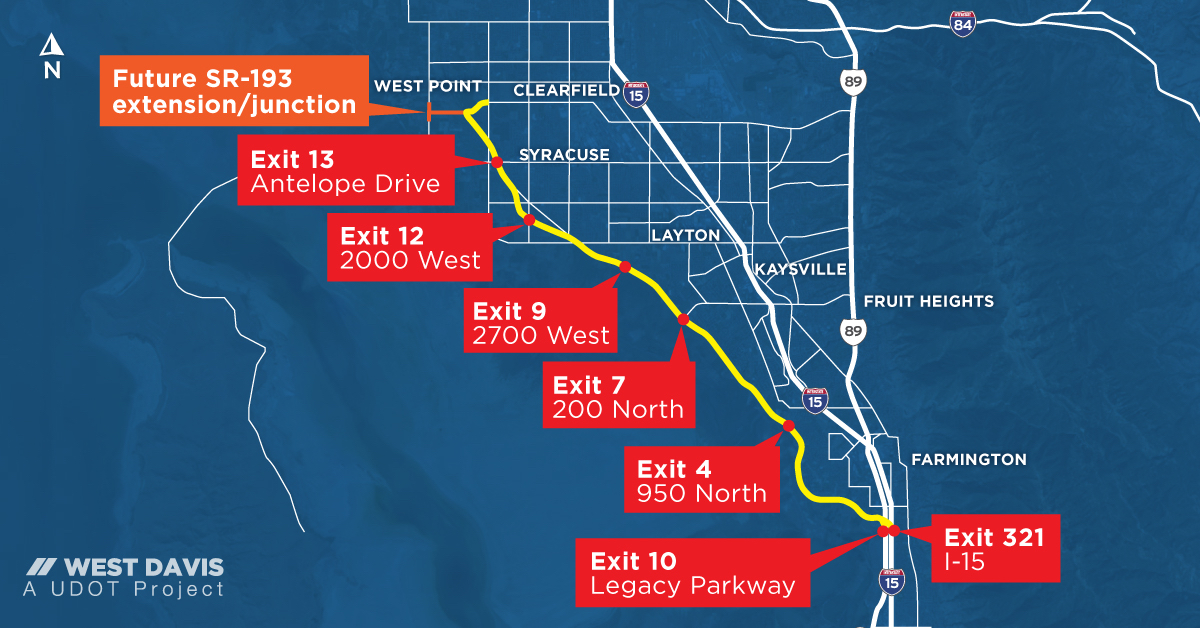 The image shows the entry and exit points to the West Davis Highway, which goes from Farmington to West Point. The $750 million roadway opened to traffic on Jan. 6.