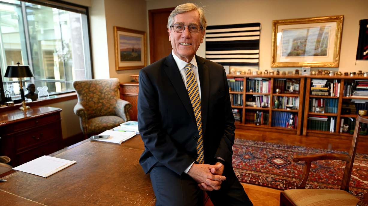 Zions Bank President and CEO Scott Anderson poses for photos in his office at the corporate offices in Salt Lake City on Sept. 20, 2023. Anderson announced his retirement to take effect April 1.
