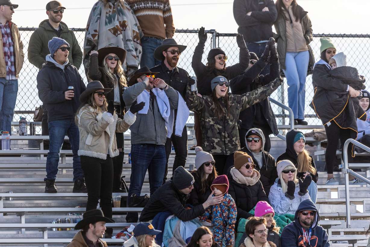Spectators watch the 2024 Utah Skijoring competition at the Wasatch County Event Complex in Heber City on Feb. 17. The event was sold out for the weekend.