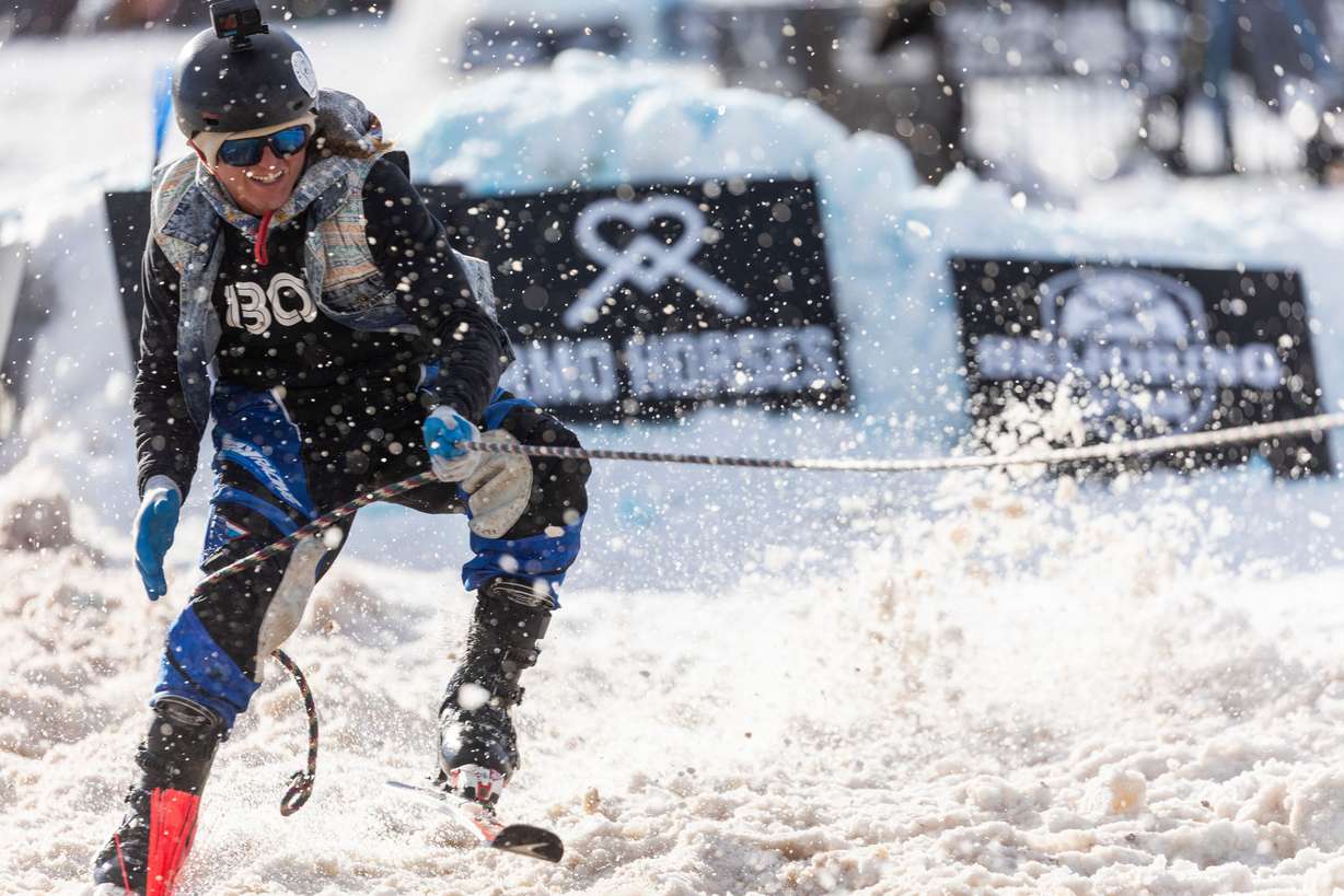 Bryan Coll recovers after losing his balance off a jump during the 2024 Utah Skijoring competition at the Wasatch County Event Complex in Heber City on Feb. 17. Coll and his rider secured first place in the sport division.