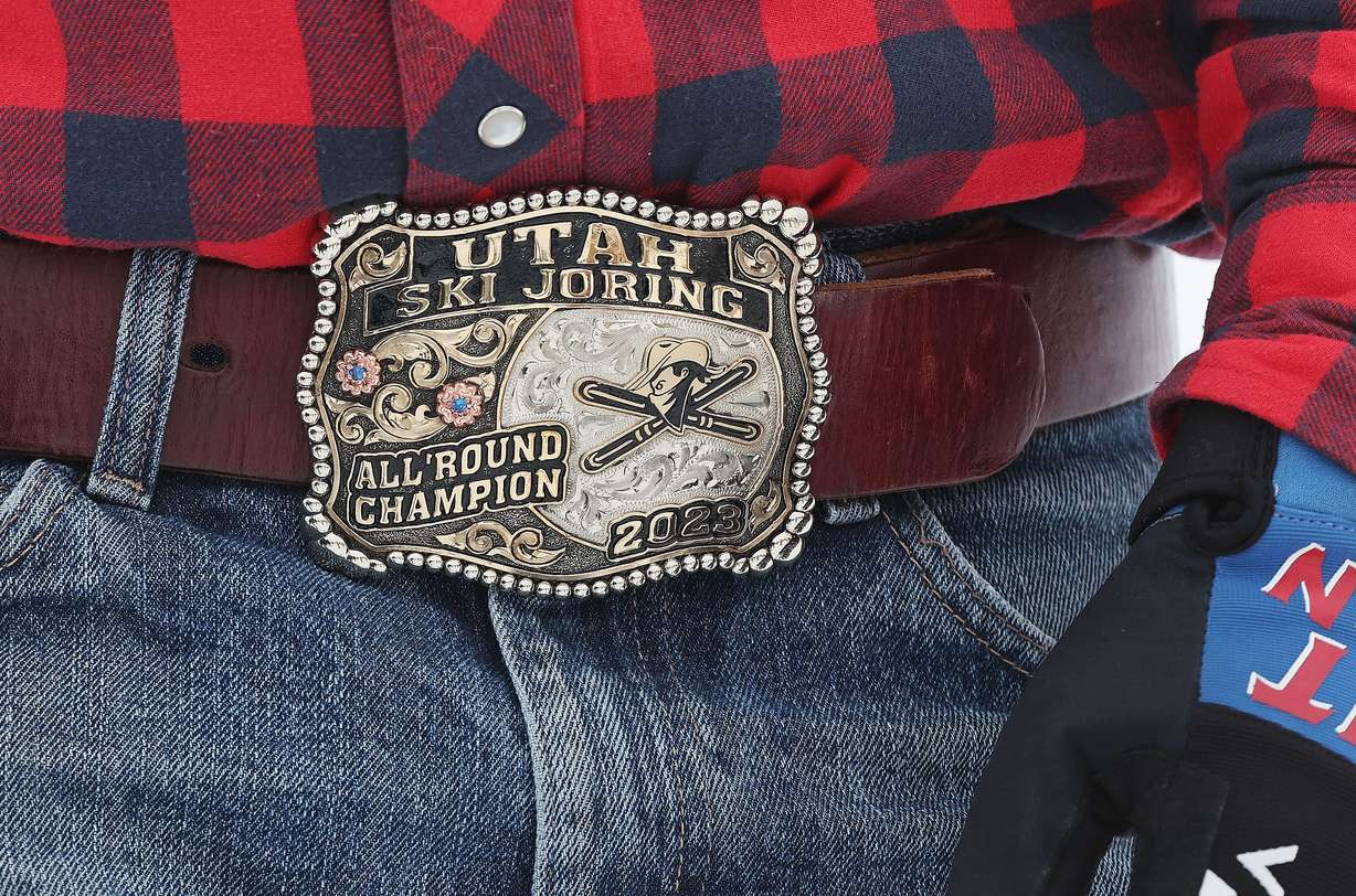 Skier Scott Hoover wears his championship skijoring belt buckle in Heber City on Feb. 6.