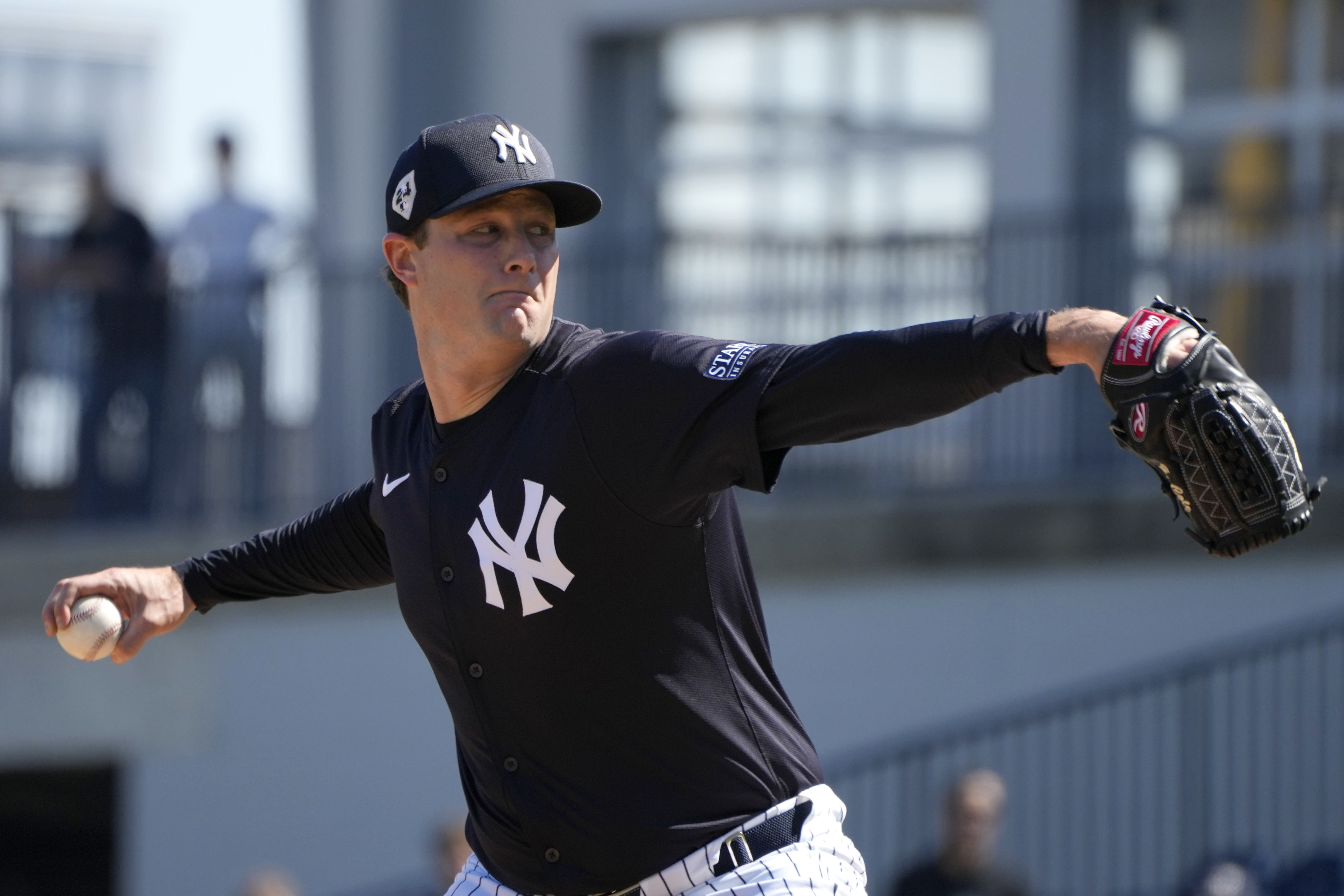 New York Yankees starting pitcher Gerrit Cole throws during a baseball spring training workout Wednesday, Feb. 21, 2024, in Tampa, Fla. 