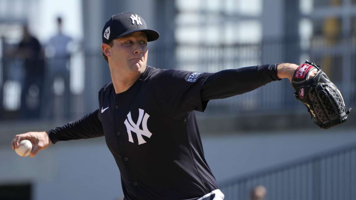New York Yankees starting pitcher Gerrit Cole throws during a baseball spring training workout Wednesday, Feb. 21, 2024, in Tampa, Fla.