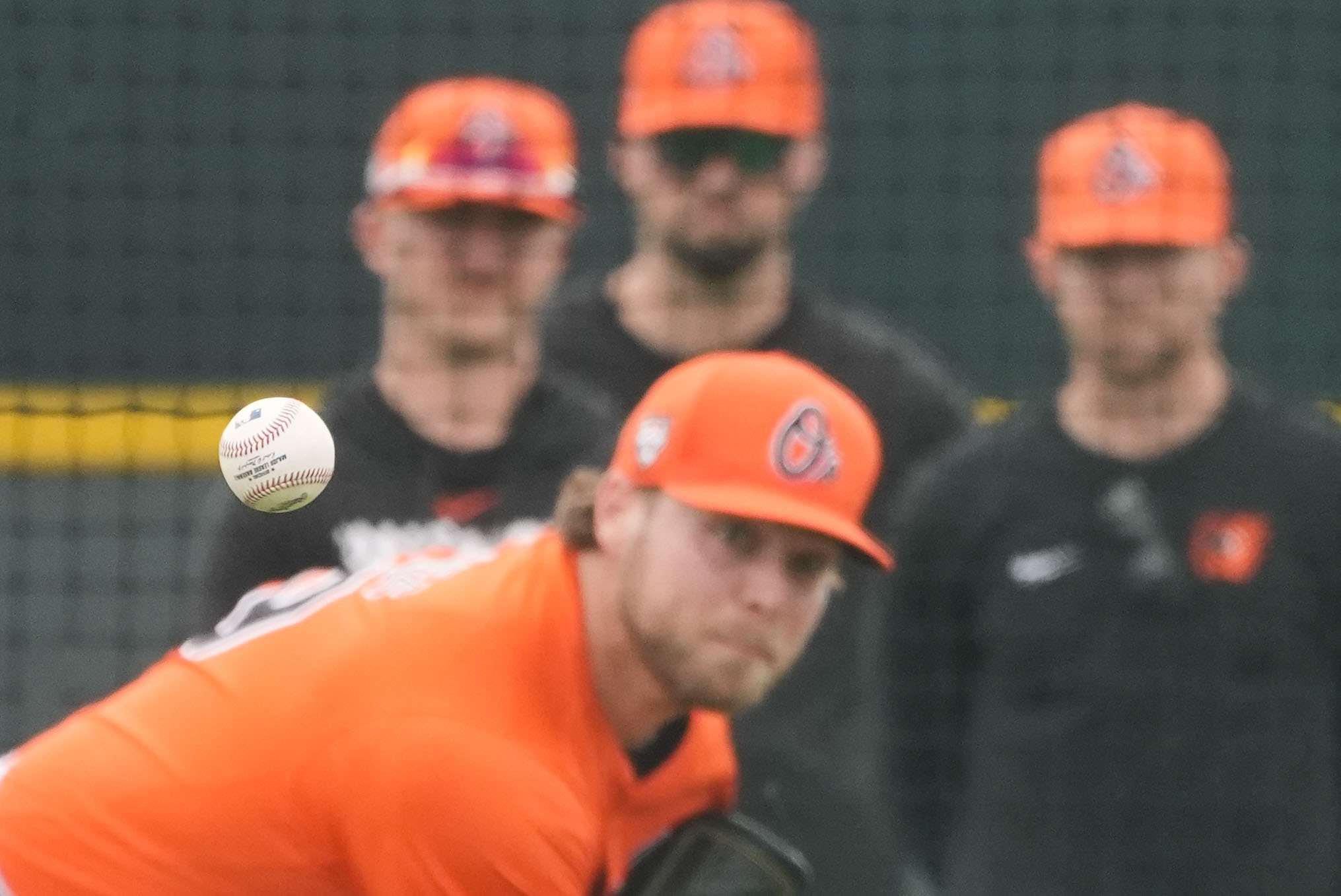 Baltimore Orioles pitcher Corbin Burnes throws during live batting practice at spring training in Sarasota, Fla., Saturday, Feb. 17, 2024. 
