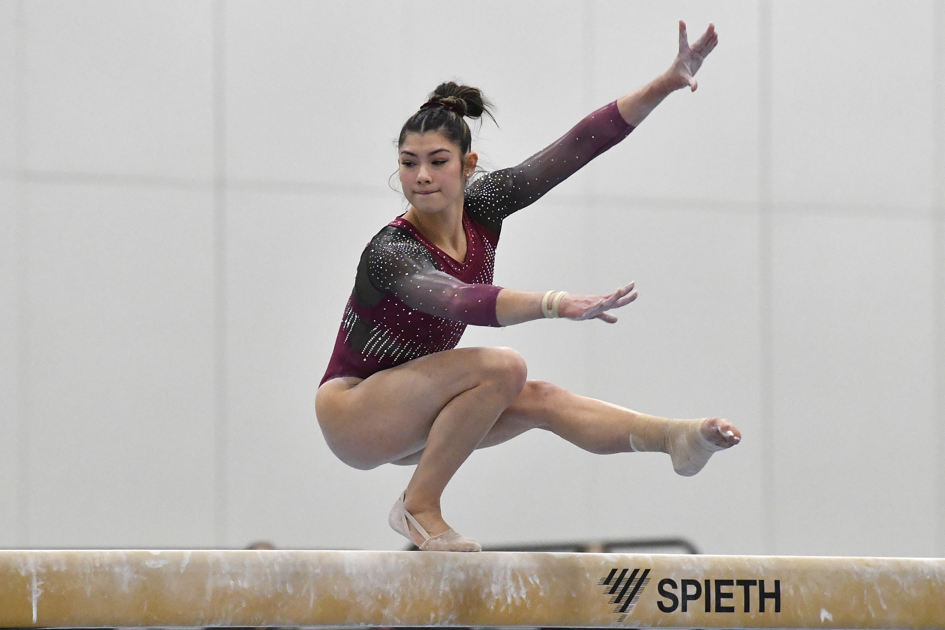 Kayla DiCello performs on the balance beam at the USA Gymnastics Winter Cup competition in Louisville, Ky., Saturday, Feb. 24, 2024. 
