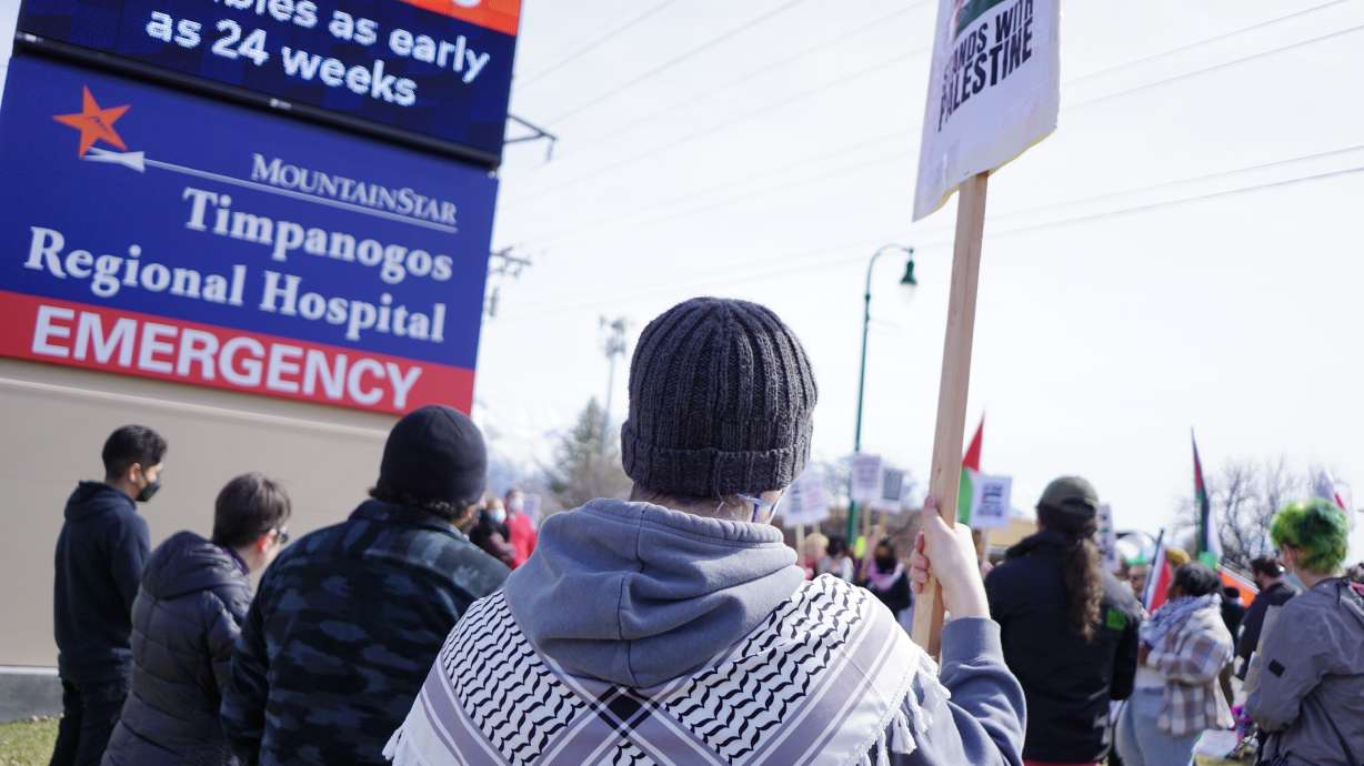 Demonstrators gather at Timpanogos Regional Hospital in Orem, protesting attacks on Gaza hospitals.