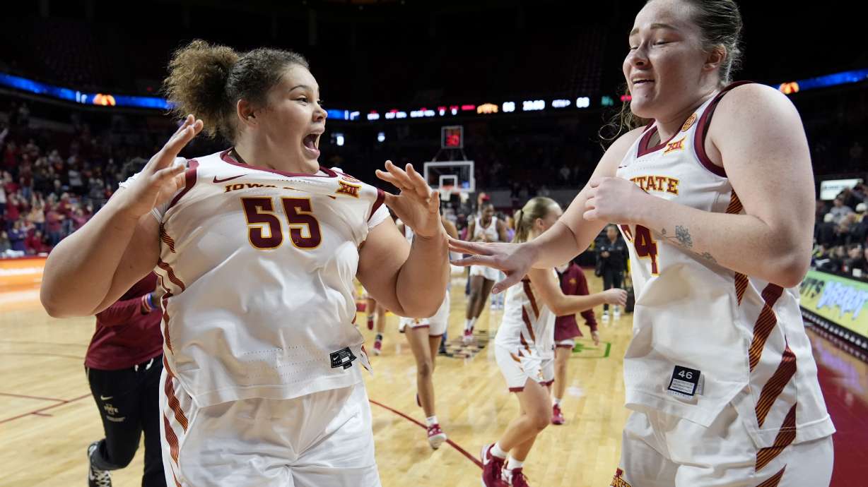 Iowa State center Audi Crooks (55) celebrates with teammate forward Addy Brown, right, after an NCAA college basketball game against Baylor, Saturday, Jan. 13, 2024, in Ames, Iowa. Iowa State won 66-63.