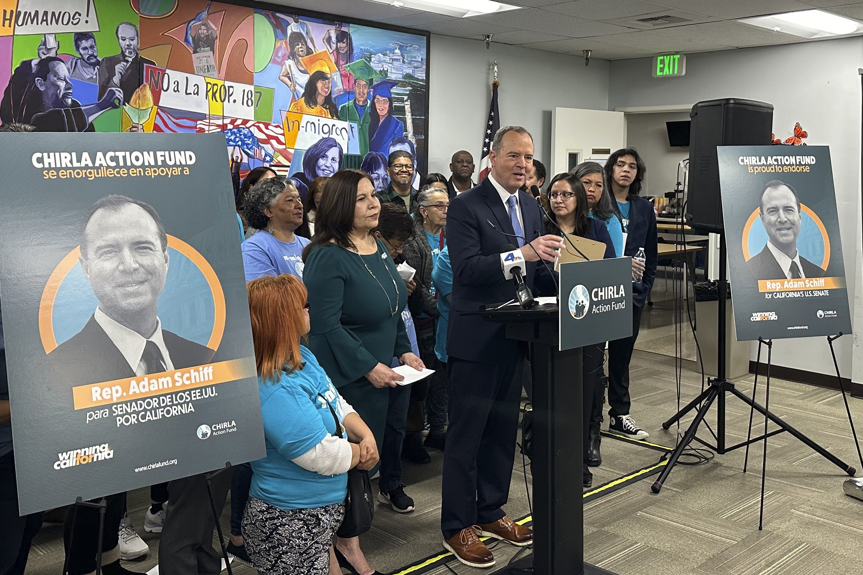 Rep. Adam Schiff, D-Calif., speaks to supporters at the headquarters of the advocacy group, the Coalition for Humane Immigrant Rights of Los Angeles, Feb. 17, 2024. The possibility of record-low turnout in California’s U.S. Senate race is elevating the chances of Republican former baseball star Steve Garvey to advance to the general election in November. The Democratic side has been dominated for months by Schiff, who has been leading the crowded field in fundraising and polling for the seat once held by the late Sen. Dianne Feinstein. 
