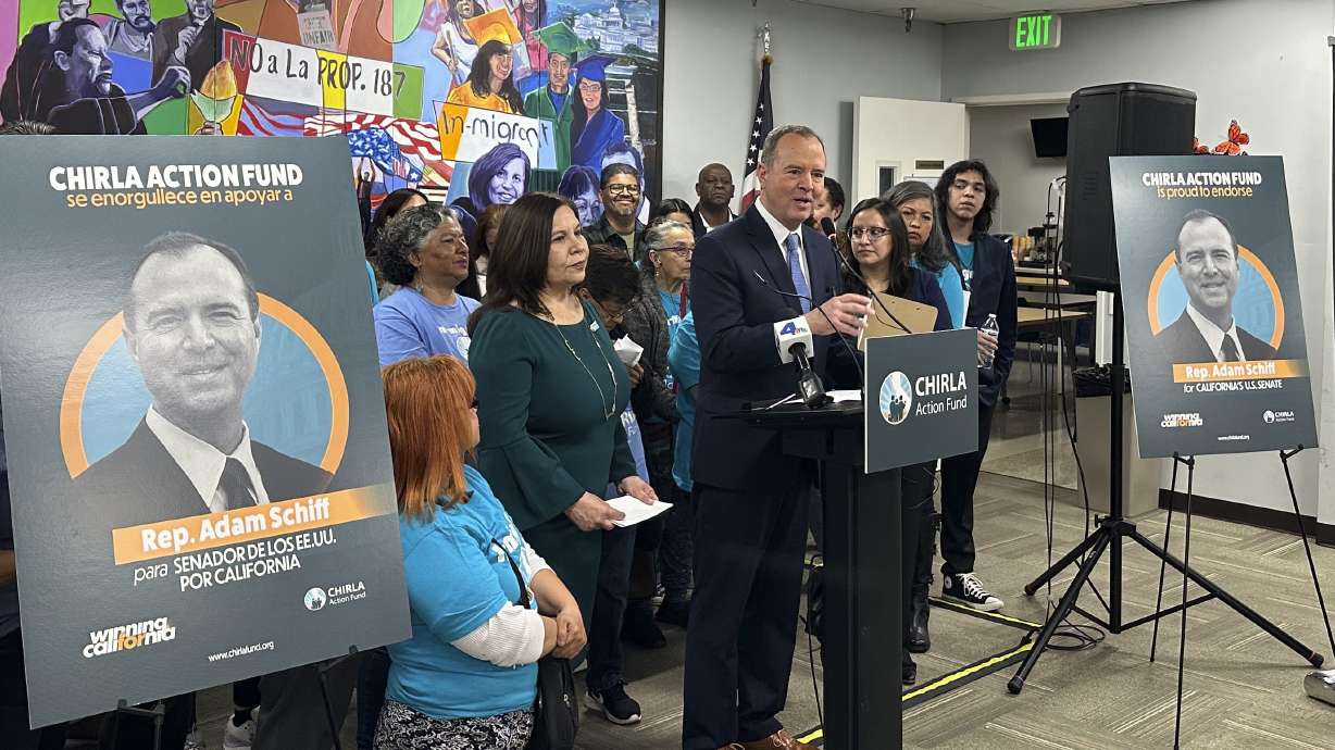 Rep. Adam Schiff, D-Calif., speaks to supporters at the headquarters of the advocacy group, the Coalition for Humane Immigrant Rights of Los Angeles, Feb. 17, 2024. The possibility of record-low turnout in California’s U.S. Senate race is elevating the chances of Republican former baseball star Steve Garvey to advance to the general election in November. The Democratic side has been dominated for months by Schiff, who has been leading the crowded field in fundraising and polling for the seat once held by the late Sen. Dianne Feinstein.