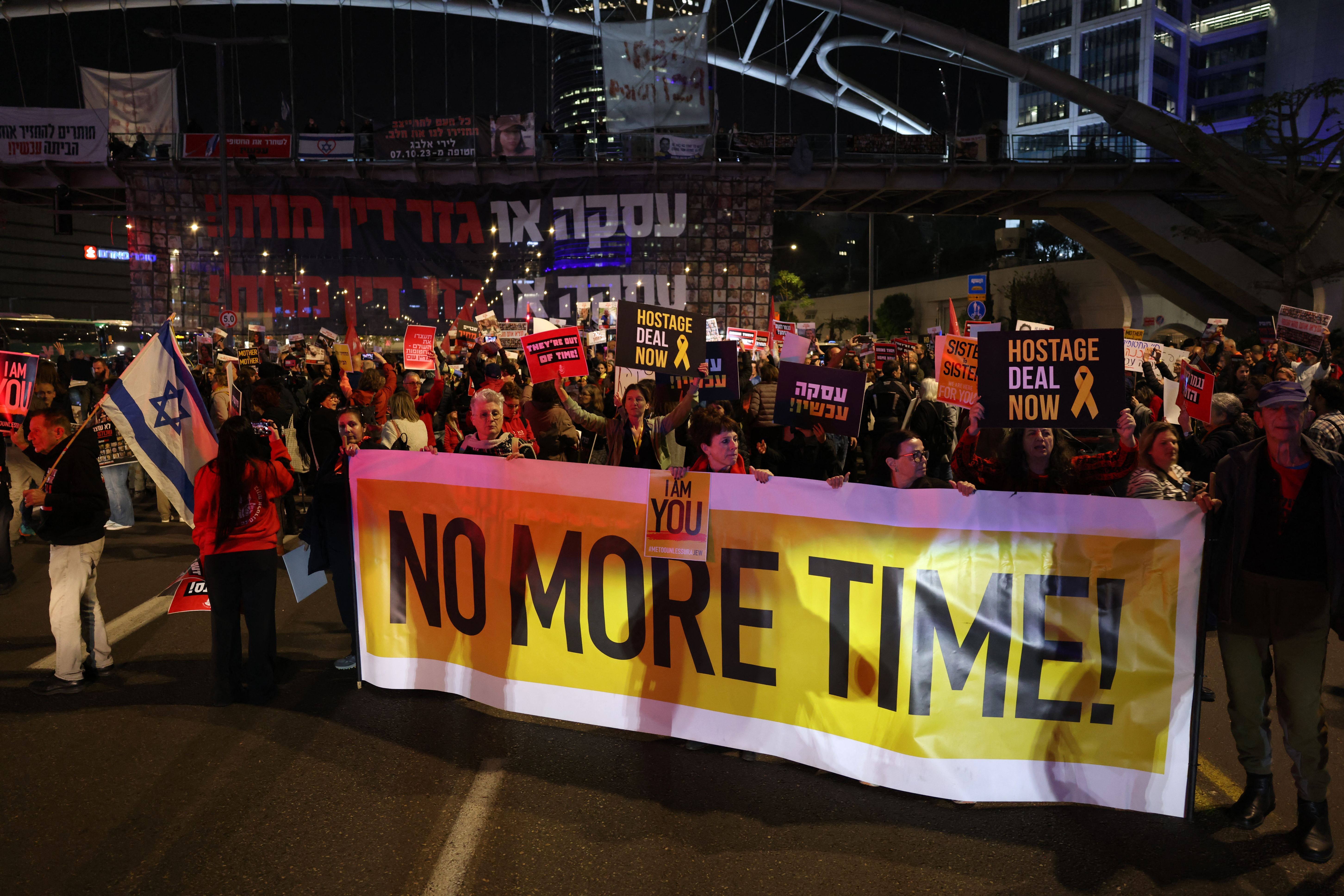 A rally calling for the release of hostages held in Tel Aviv on Feb. 8. Negotiators have come to an "understanding" of a potential deal to release hostages held by Hamas in exchange for a temporary ceasefire in Gaza.
