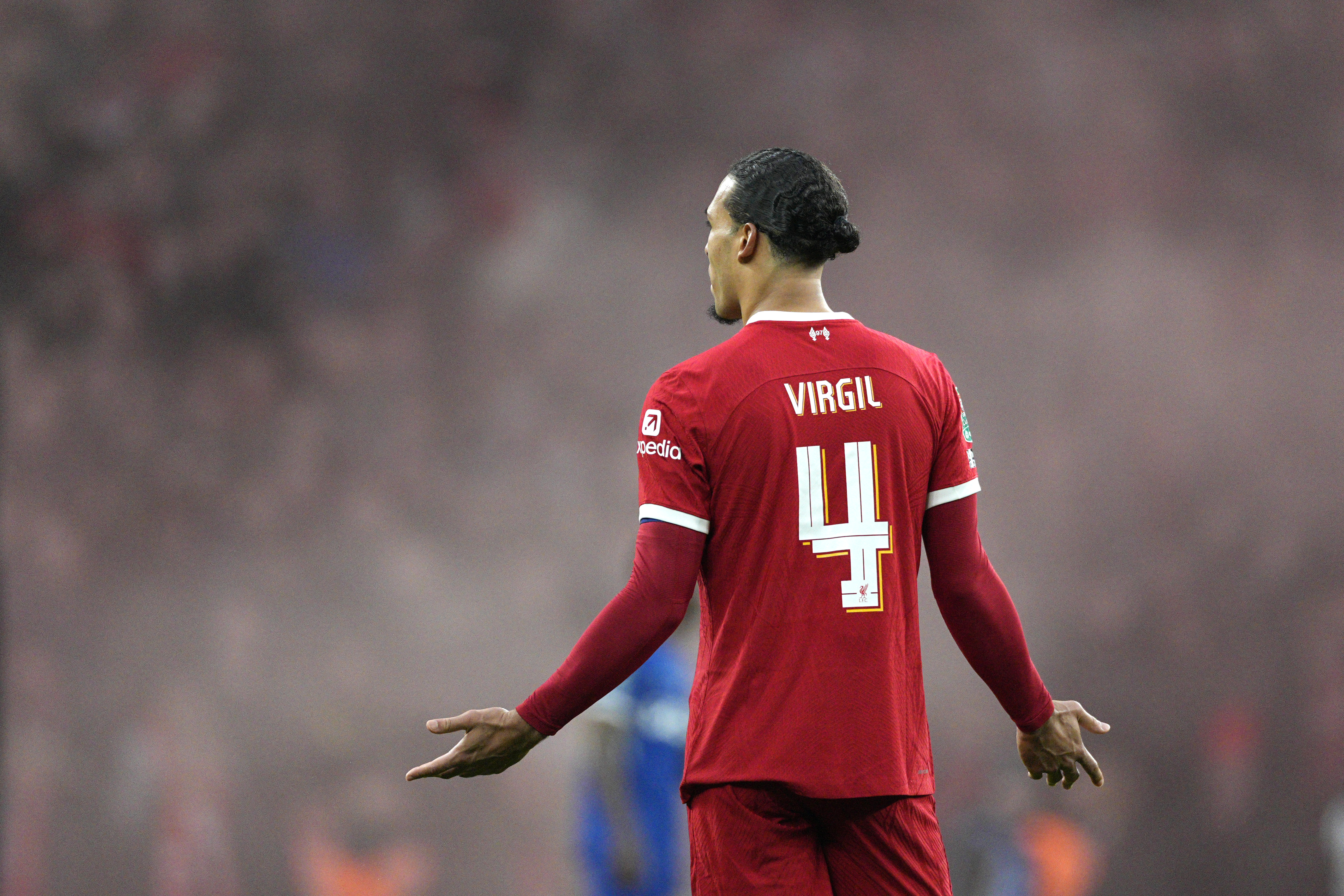 Liverpool's Virgil van Dijk reacts during the English League Cup final soccer match between Chelsea and Liverpool at Wembley Stadium in London, Sunday, Feb. 25, 2024.