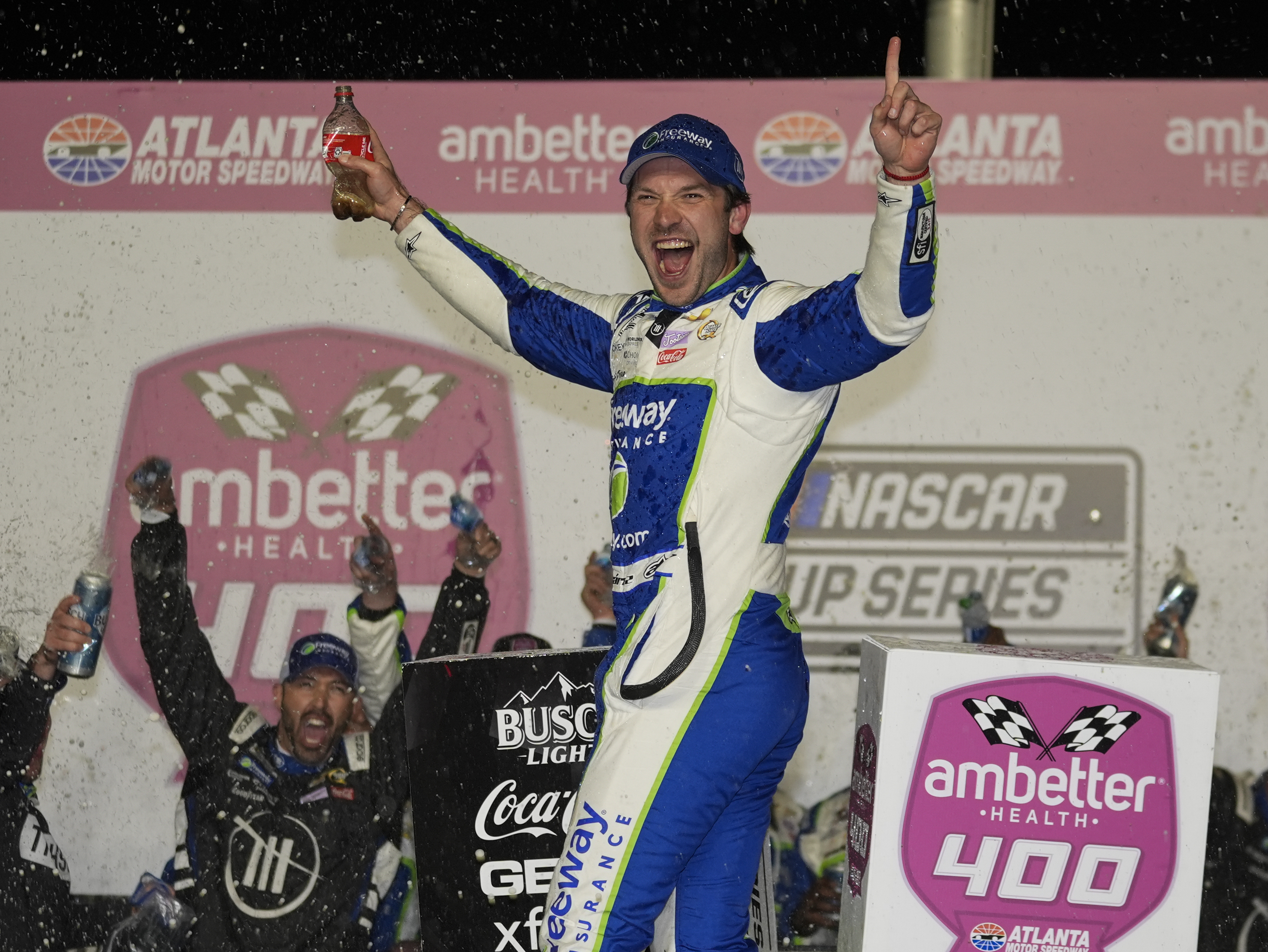 Daniel Suarez reacts after winning the NASCAR auto race at Atlanta Motor Speedway Sunday, Feb. 25, 2024, in Hampton , Ga. 