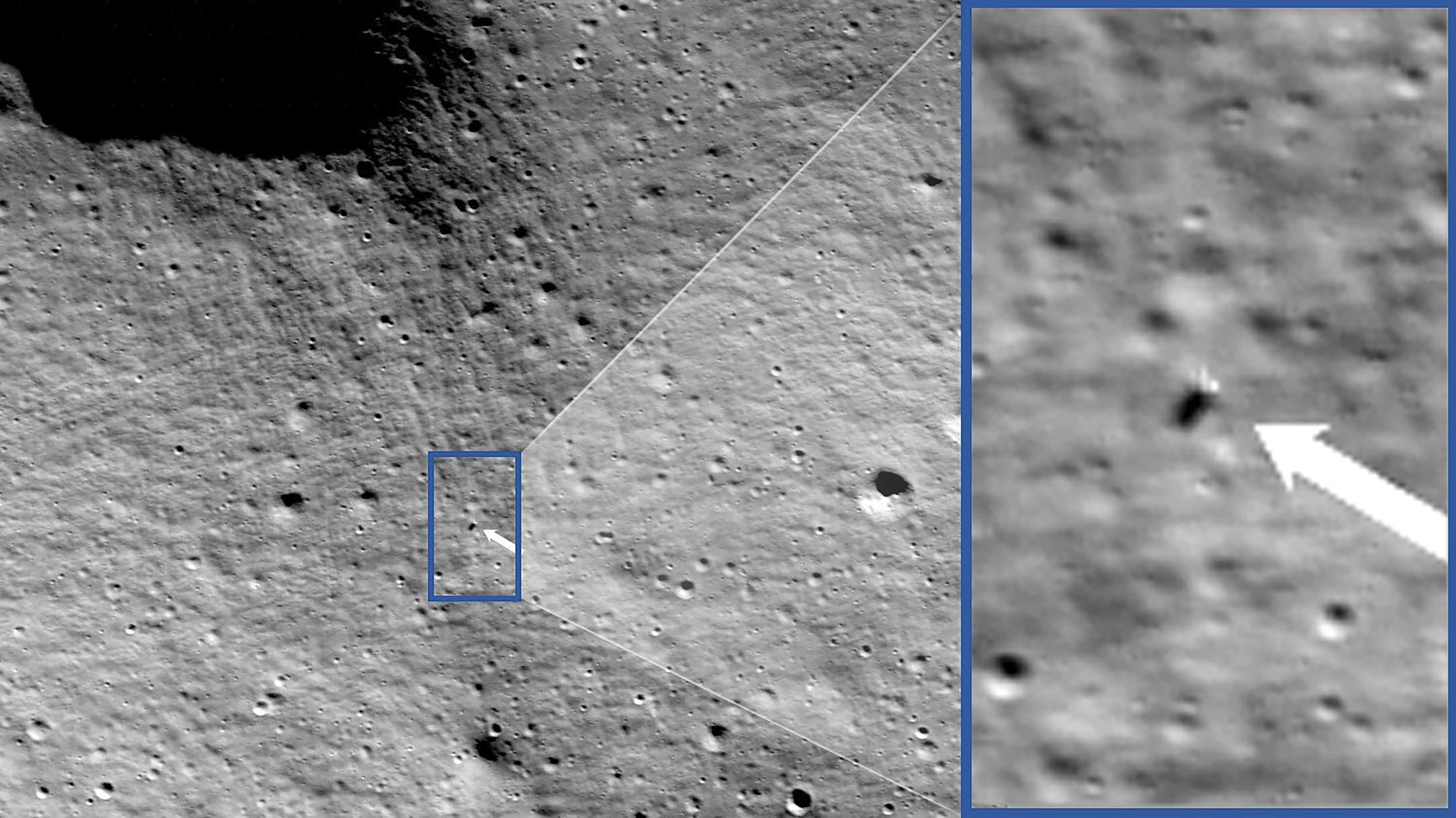 These photos provided by NASA show images from NASA’s Lunar Reconnaissance Orbiter Camera team which confirmed Odysseus completed its landing. After traveling more than 600,000 miles, Odysseus landed within a mile or so of its intended Malapert A landing site, using a contingent laser range-finding system patched hours before landing.