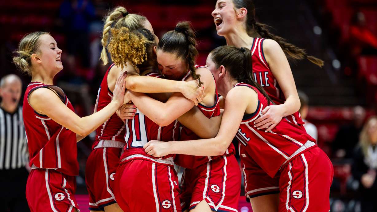 Springville celebrates their win over Timpview in the quarterfinals for 5A high school girls basketball at the Jon M. Huntsman Center in Salt Lake City on Saturday, Feb. 24, 2024.