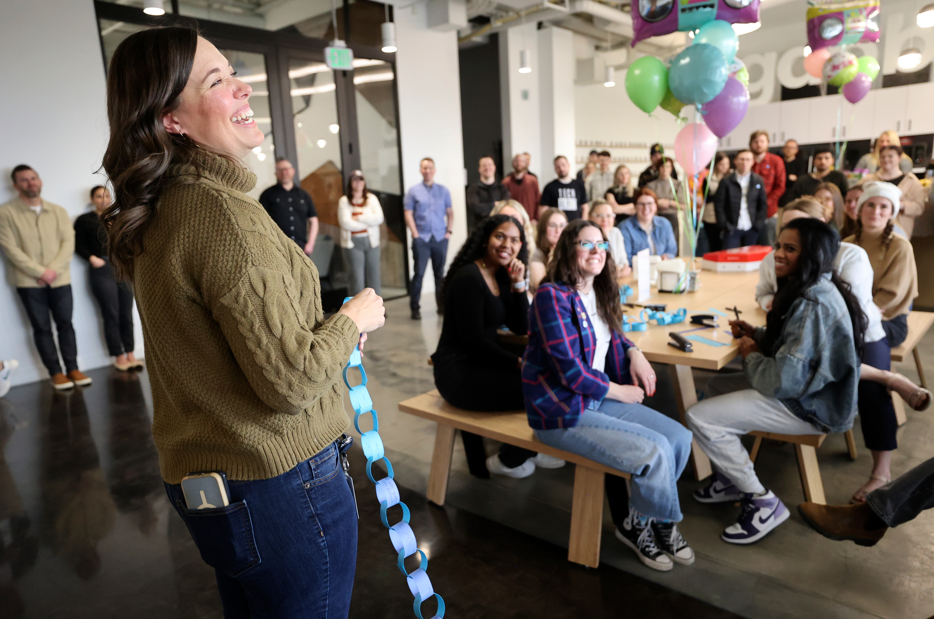 Lori Morency Kun, Gabb vice president of community impact, talks to Gabb employees at a smartphone detox kickoff event at the Gabb office in Lehi on Thursday.