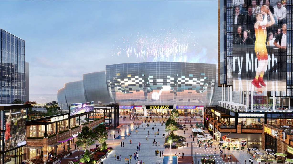 A rendering of a new Utah Jazz/National Hockey League arena in Salt Lake City that team governor Ryan Smith released on Tuesday. The Utah Senate voted Tuesday night to approve a bill that helps fund a new arena.