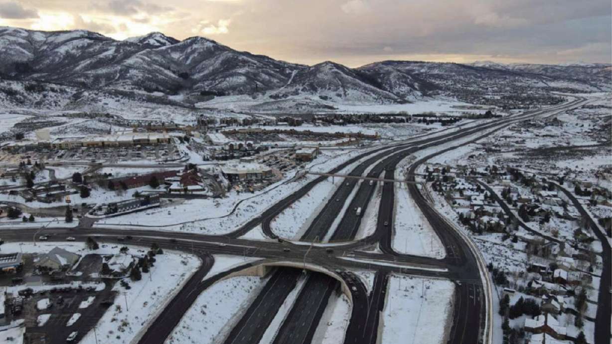 An undated aerial view of the I-80 interchange at state Route 224 at Kimball Junction in Park City.