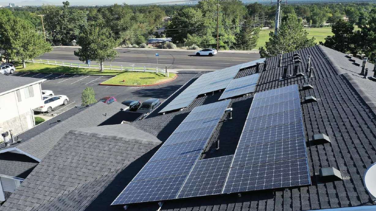 Solar panels on an apartment complex in Cottonwood Heights on July 12, 2023. A bill that some clean energy advocates fear could deter rooftop solar purchases but supporters say protects consumers was heard in a legislative committee on Tuesday.