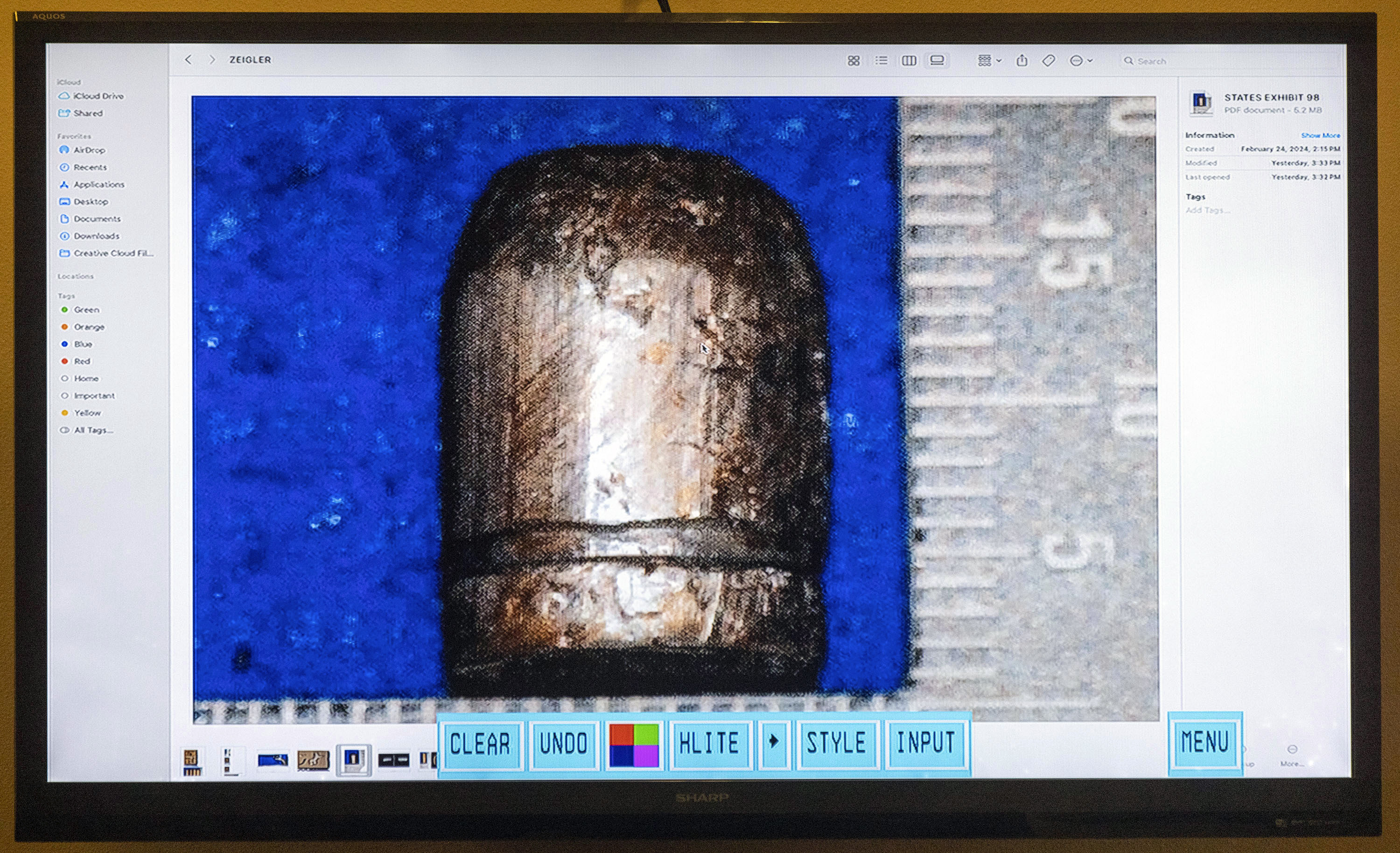 A picture of a bullet is entered as evidence in Hannah Gutierrez-Reed's trial at District Court, Monday, in Santa Fe, N.M. Gutierrez-Reed is charged with involuntary manslaughter and tampering with evidence in the October 2021 death of cinematographer Halyna Hutchins during the filming of the Western “Rust.”