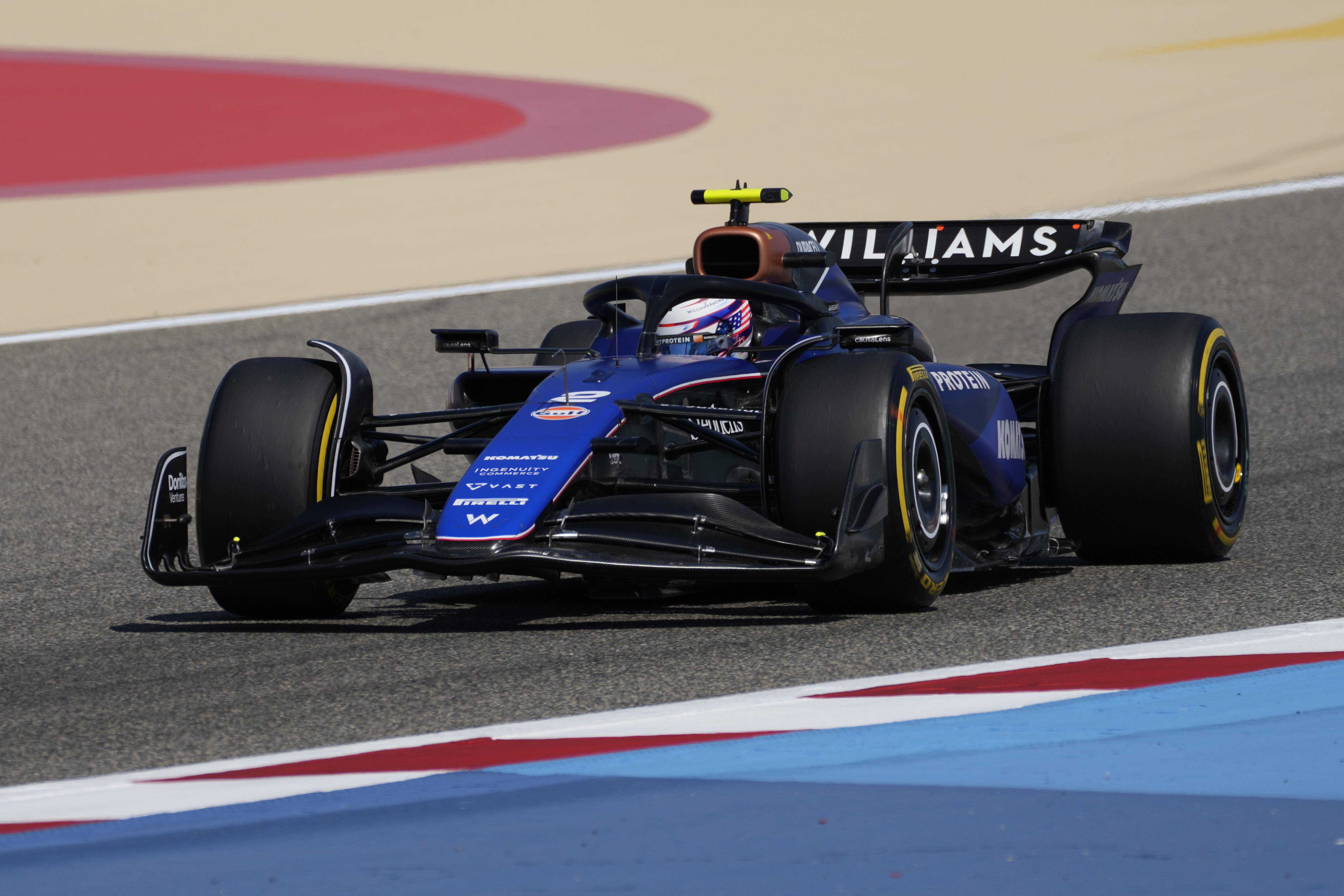 Williams driver Logan Sargeant of the US steers his car for a Formula One pre season test at the Bahrain International Circuit in Sakhir, Bahrain, Thursday, Feb. 22, 2024. 