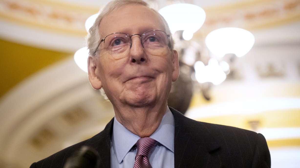 Senate Minority Leader Mitch McConnell of Ky., speaks during a press availability on Capitol Hill, Tuesday, in Washington. McConnell says he'll step down as Senate Republican leader in November. The 82-year-old Kentucky lawmaker is the longest-serving Senate leader in history.