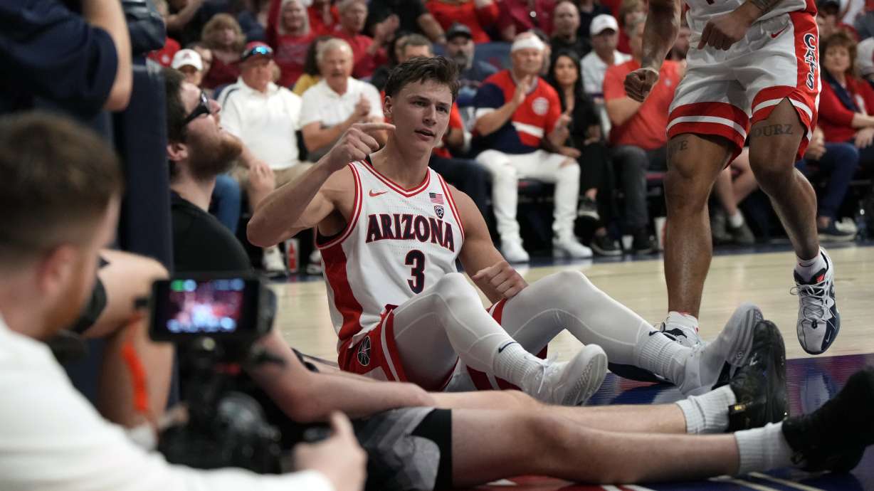 Arizona guard Pelle Larsson (3) reacts after getting fouled during the second half of an NCAA college basketball game against Washington, Saturday, Feb. 24, 2024, in Tucson, Ariz.