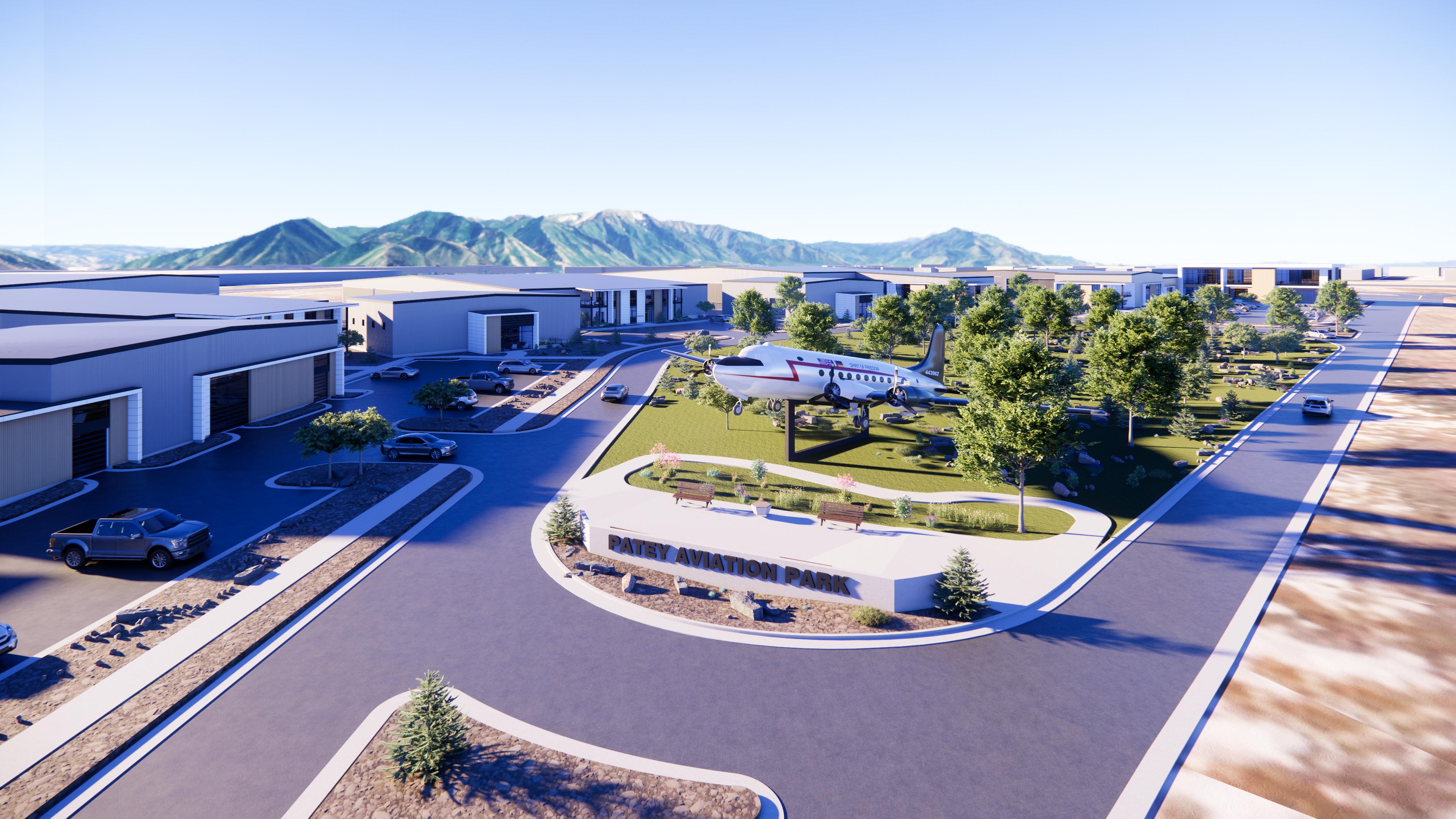 Se muestra una foto del Parque Empresarial Batey Aviación. Patey Aviation y Spanish Fork iniciaron el miércoles la construcción del parque empresarial, un proyecto destinado a unir a la comunidad en general y a la comunidad de la aviación.