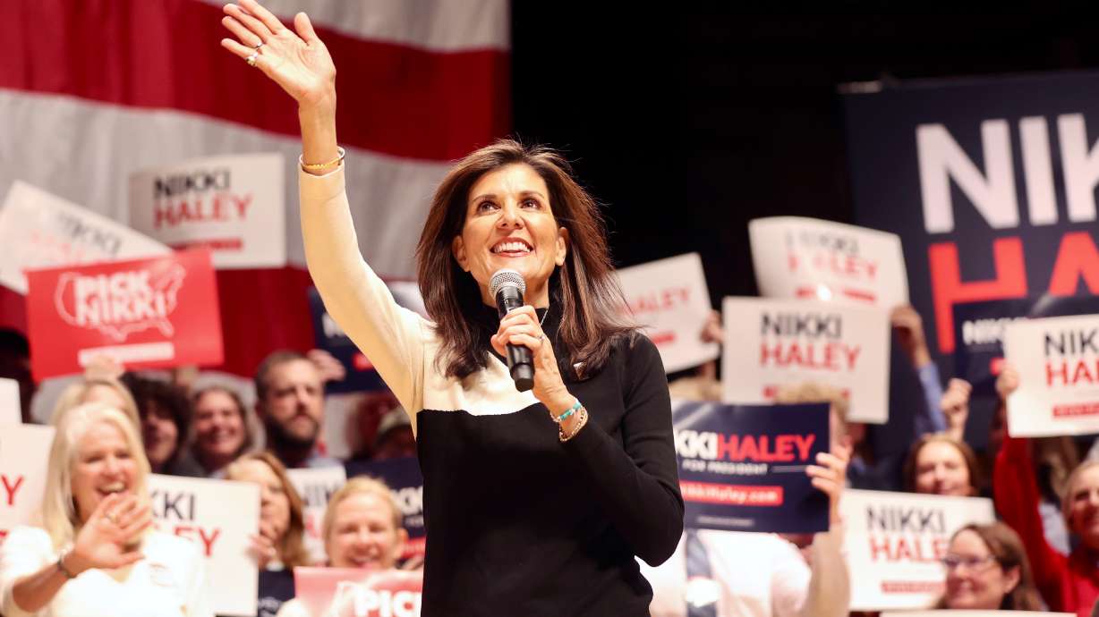 Nikki Haley, a Republican presidential candidate, speaks to the crowd at Utah Valley University, Wednesday.