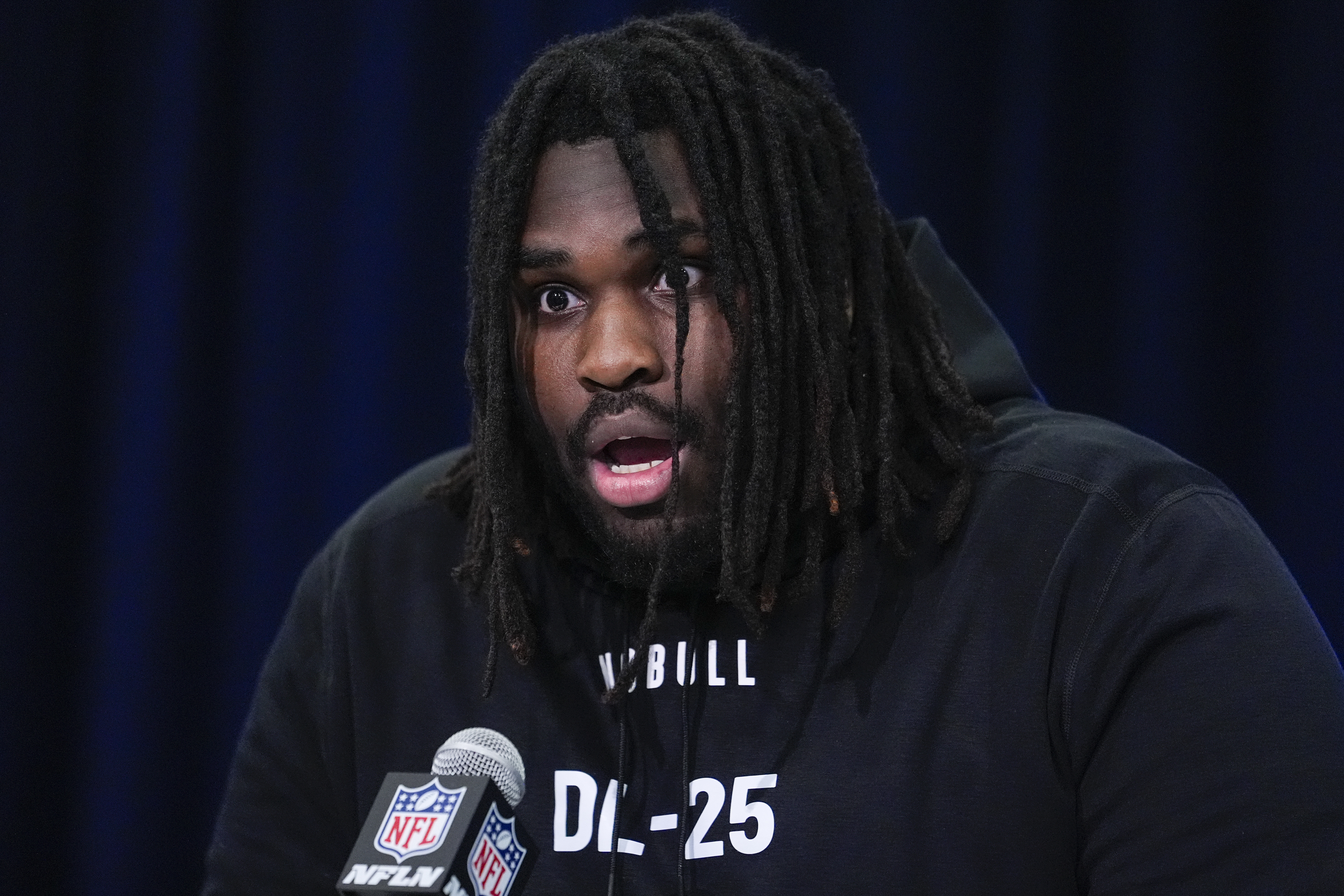 Texas defensive lineman T'Vondre Sweat jokes how people will react after he runs the 40-yard dash as he speaks during a press conference at the NFL football scouting combine in Indianapolis, Wednesday, Feb. 28, 2024. 