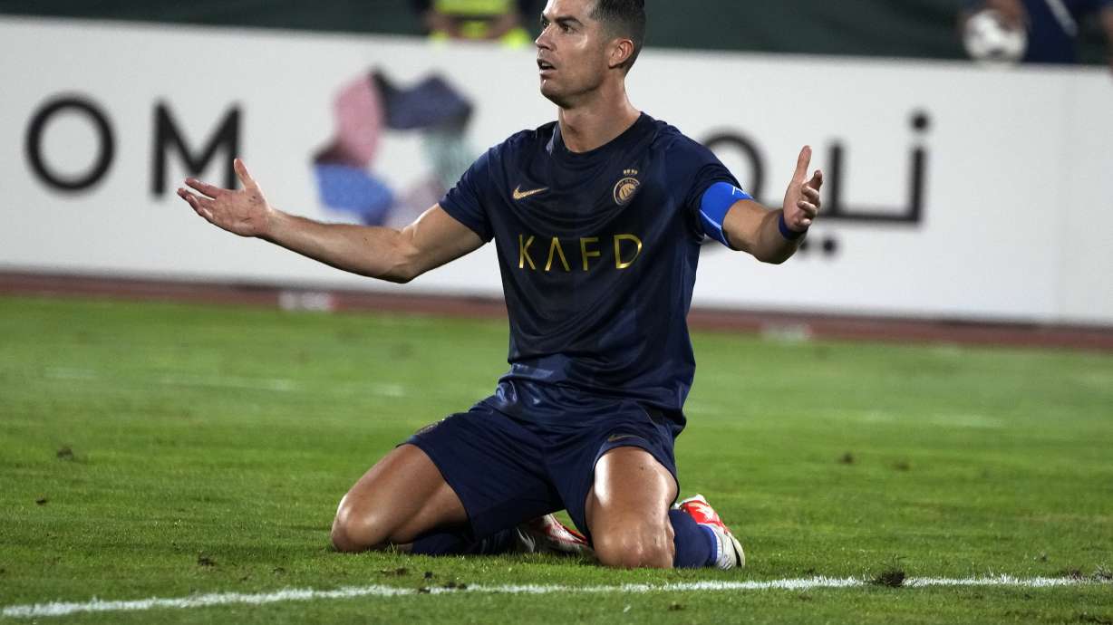 FILE - Saudi Arabia's Al Nassr Cristiano Ronaldo reacts in a match with Iran's Persepolis during their AFC Champions League soccer match at the Azadi Stadium in Tehran, Iran, Tuesday, Sept. 19, 2023. Cristiano Ronaldo has come under heavy criticism after seemingly making an offensive gesture following Al Nassr’s 3-2 victory over Al Shabab in a Saudi Pro League match on Sunday, Feb. 25, 2024. , File)