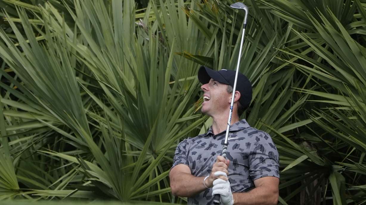 Rory McIlroy of Northern Ireland hits from the rough on the eighth green during the first round of the Cognizant Classic golf tournament, Thursday, Feb. 29, 2024, in Palm Beach Gardens, Fla.