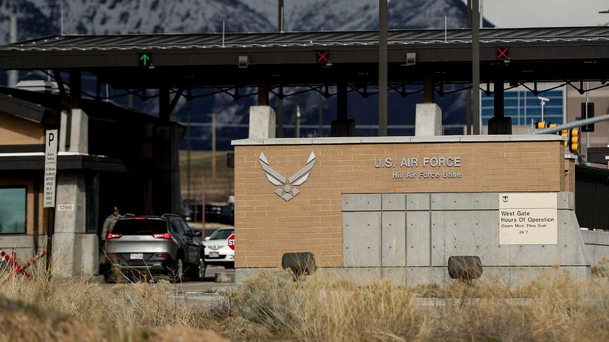 The west gate of Hill Air Force Base is pictured on Tuesday, March 31, 2020. A pilot is uninjured after an in-flight emergency on Thursday forced the pilot to utilize a belly landing maneuver at Hill Air Force Base.